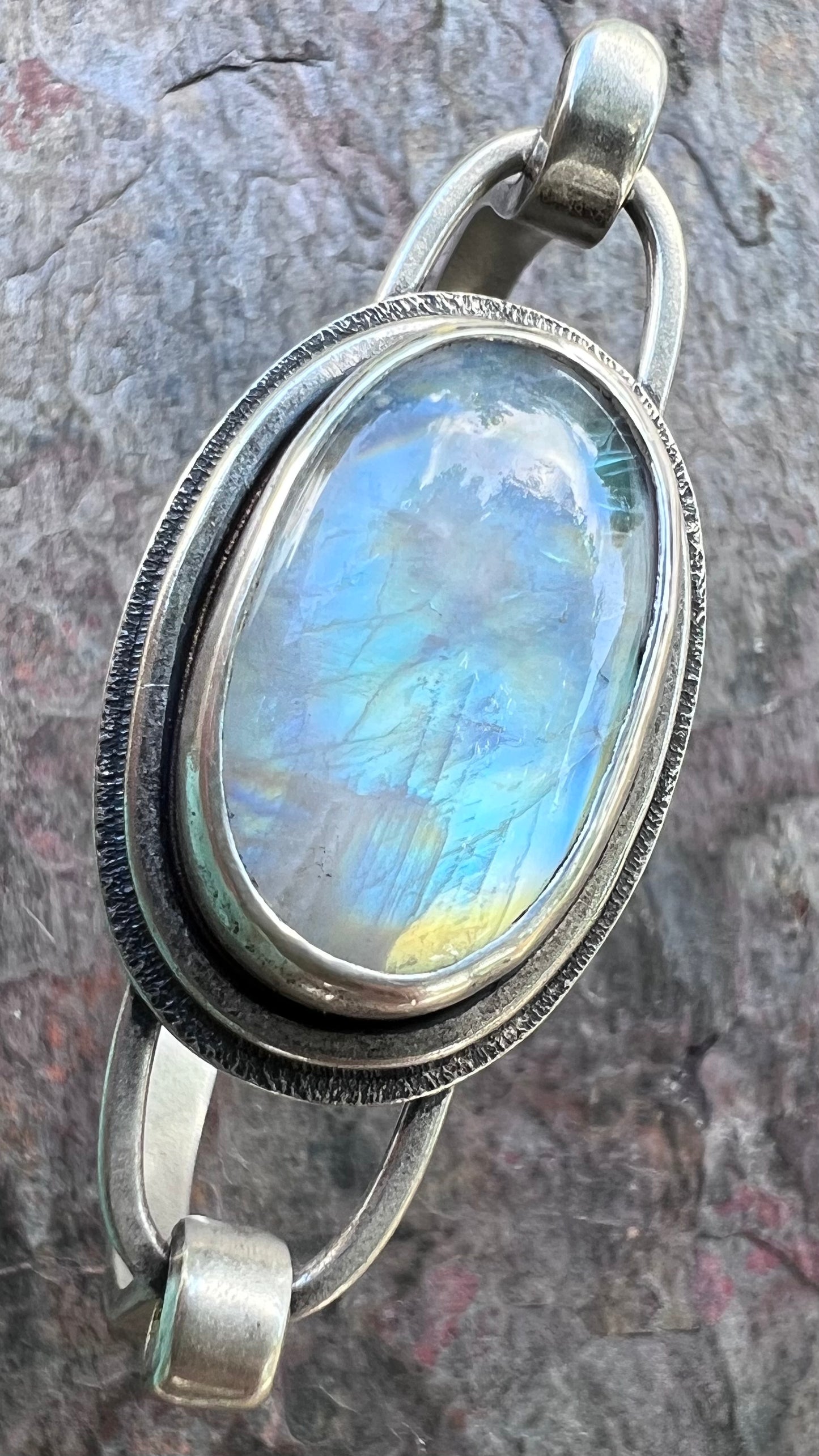 Rainbow Moonstone Sterling Silver Bracelet - Handmade One-of-a-kind Tension Cuff Bracelet