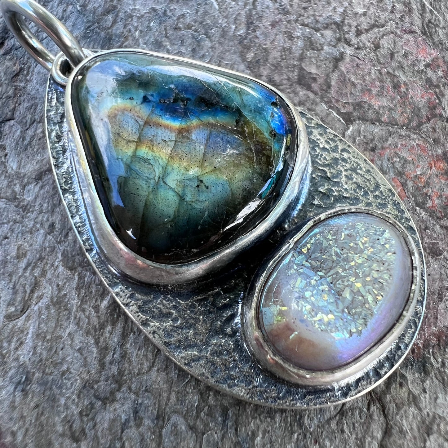 Labradorite and Agate Druzy Sterling Silver Pendant - One-of-a-Kind Handmade Pendant
