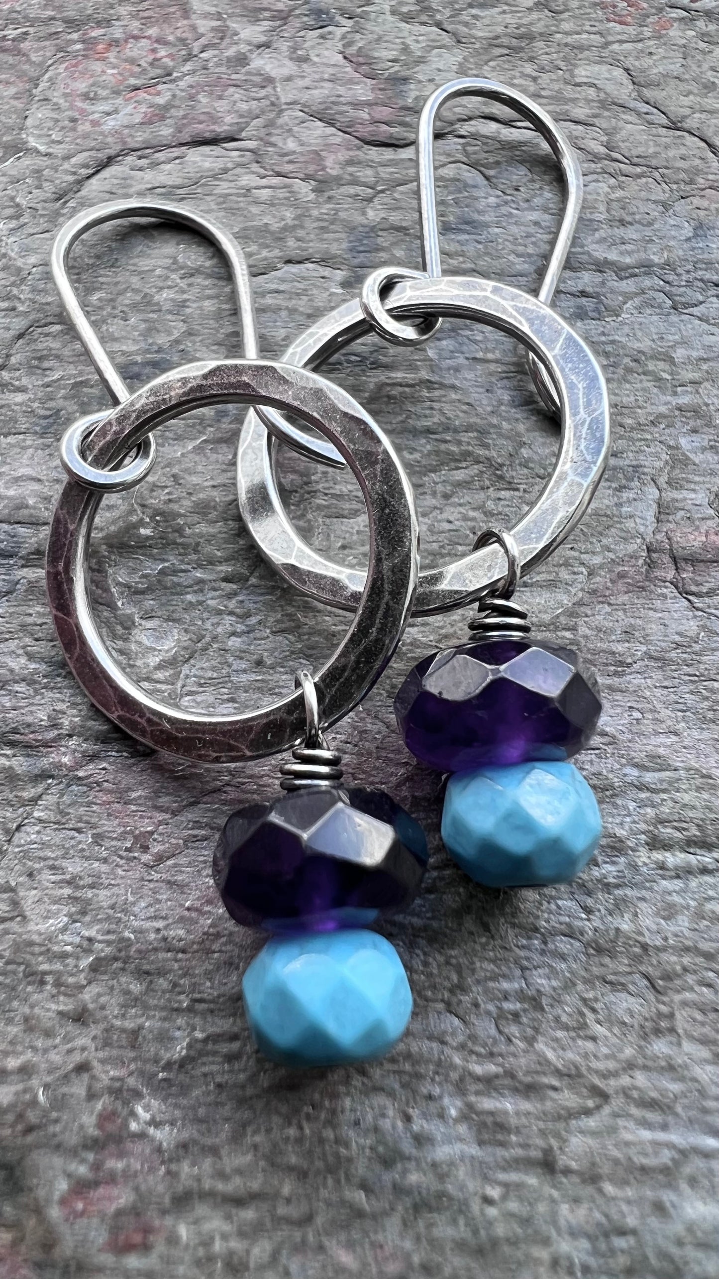 Amethyst and Turquoise Sterling Silver Earrings - Amethyst and Turquoise on Hammered Sterling Silver Rings