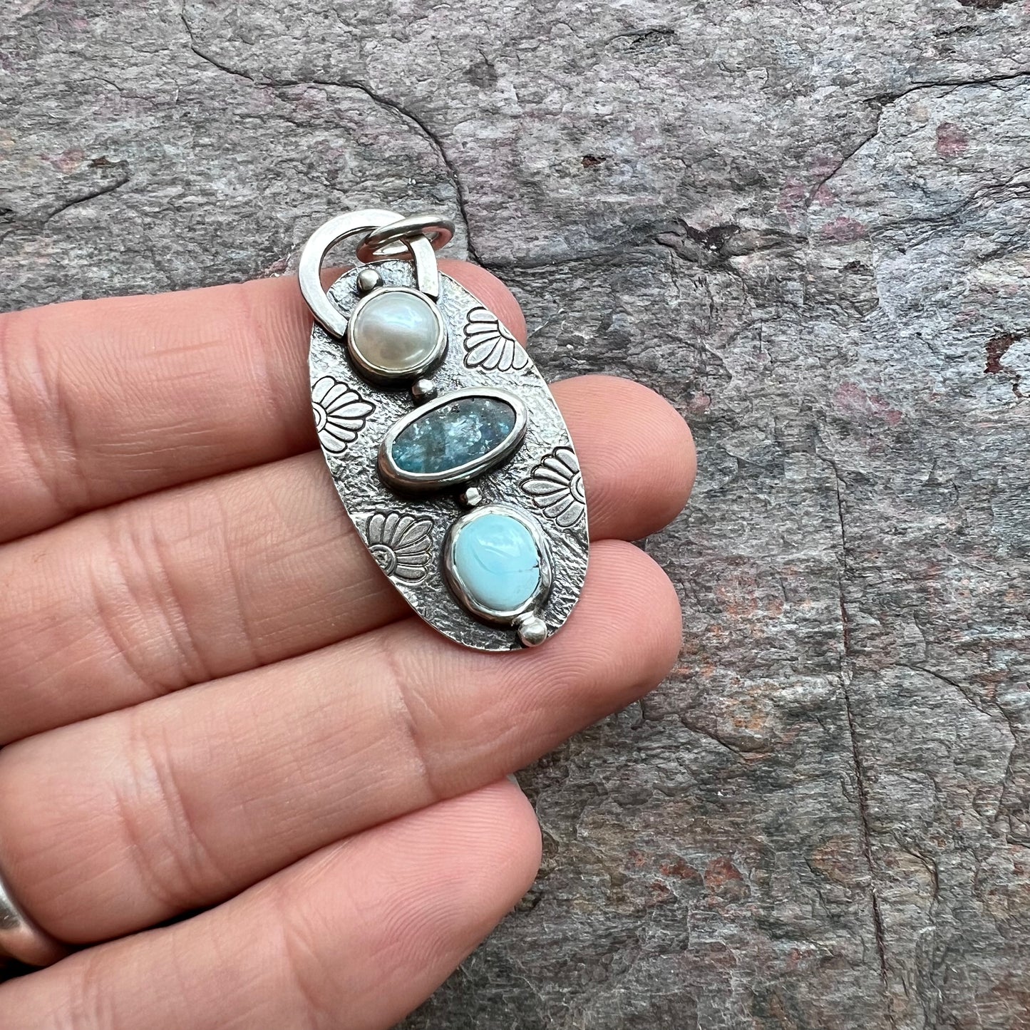 Pearl, Kyanite, and Turquoise Sterling Silver Pendant - One-of-a-Kind Handmade Pendant