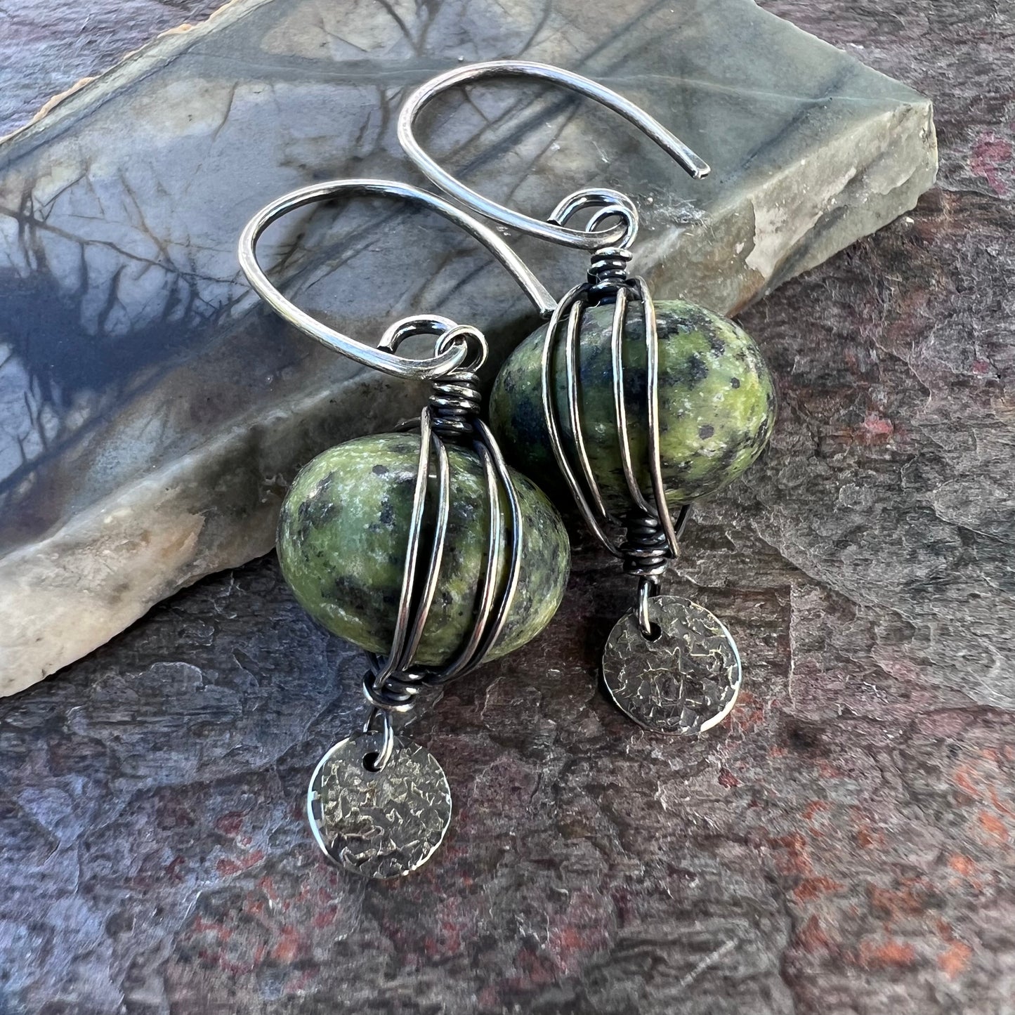 Sterling Silver Serpentine Earrings - Wire-wrapped Natural Serpentine Stones on Handmade Sterling Silver Earwires
