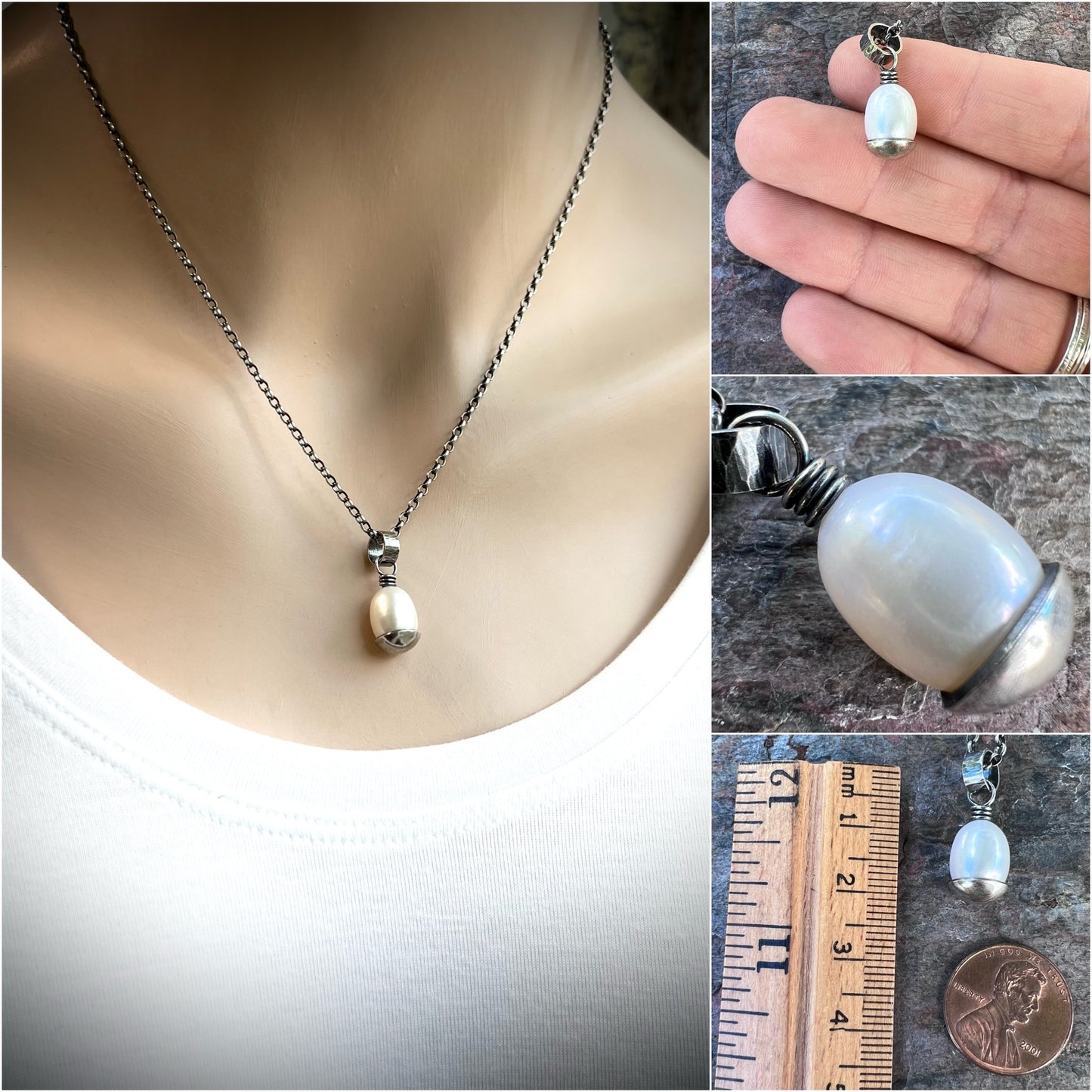 Sterling Silver Pearl Necklace - Handmade Genuine Pearl Pendant on Sterling Silver Chain