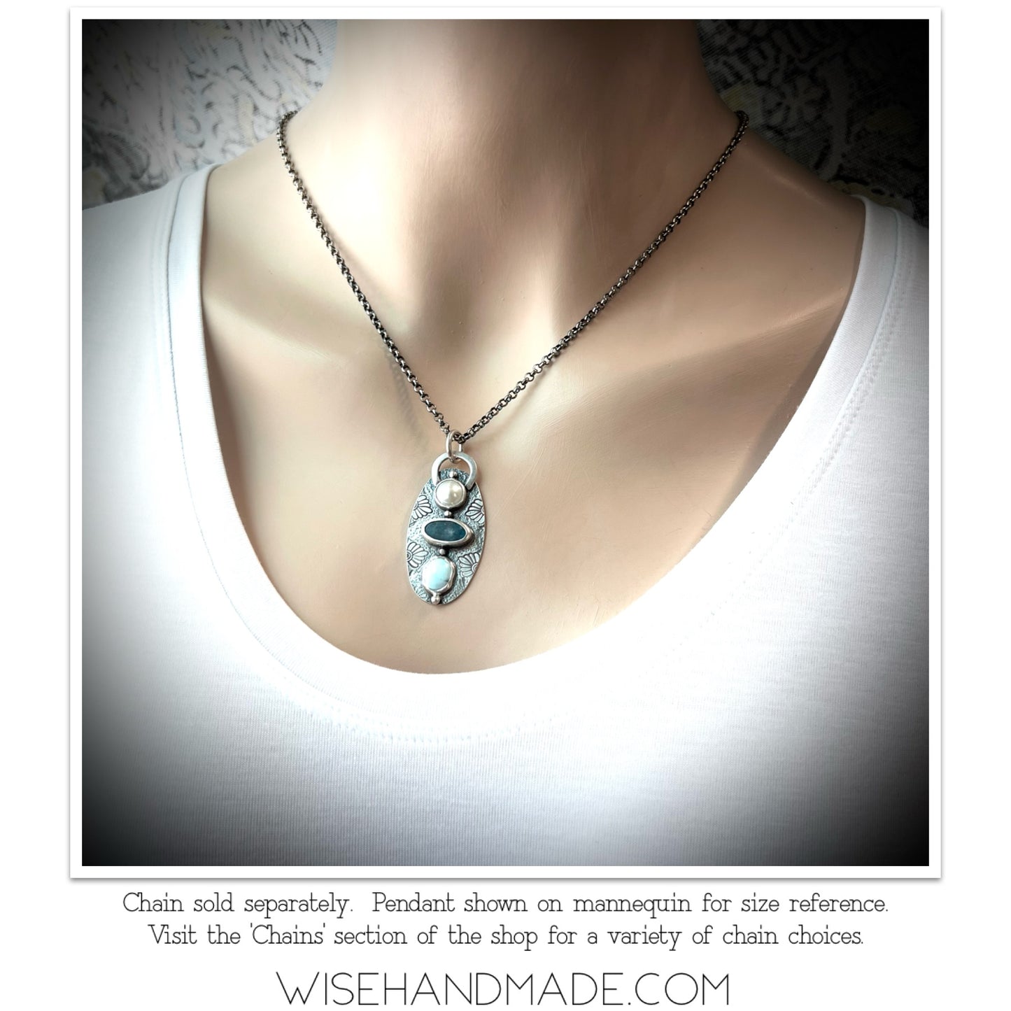 Pearl, Kyanite, and Turquoise Sterling Silver Pendant - One-of-a-Kind Handmade Pendant