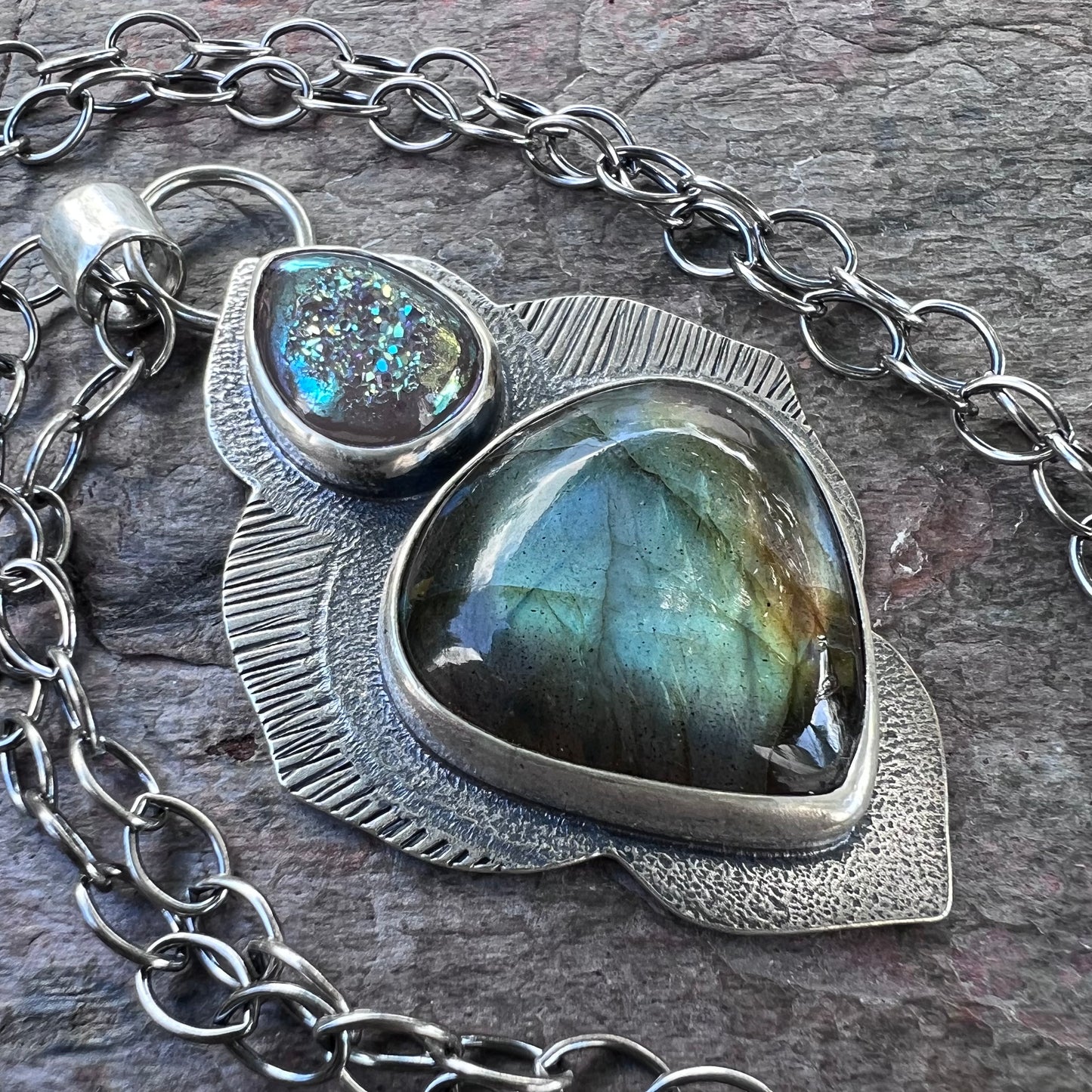 Sterling Silver Labradorite Necklace - Handmade Artisan One of a Kind Druzy and Labradorite Pendant