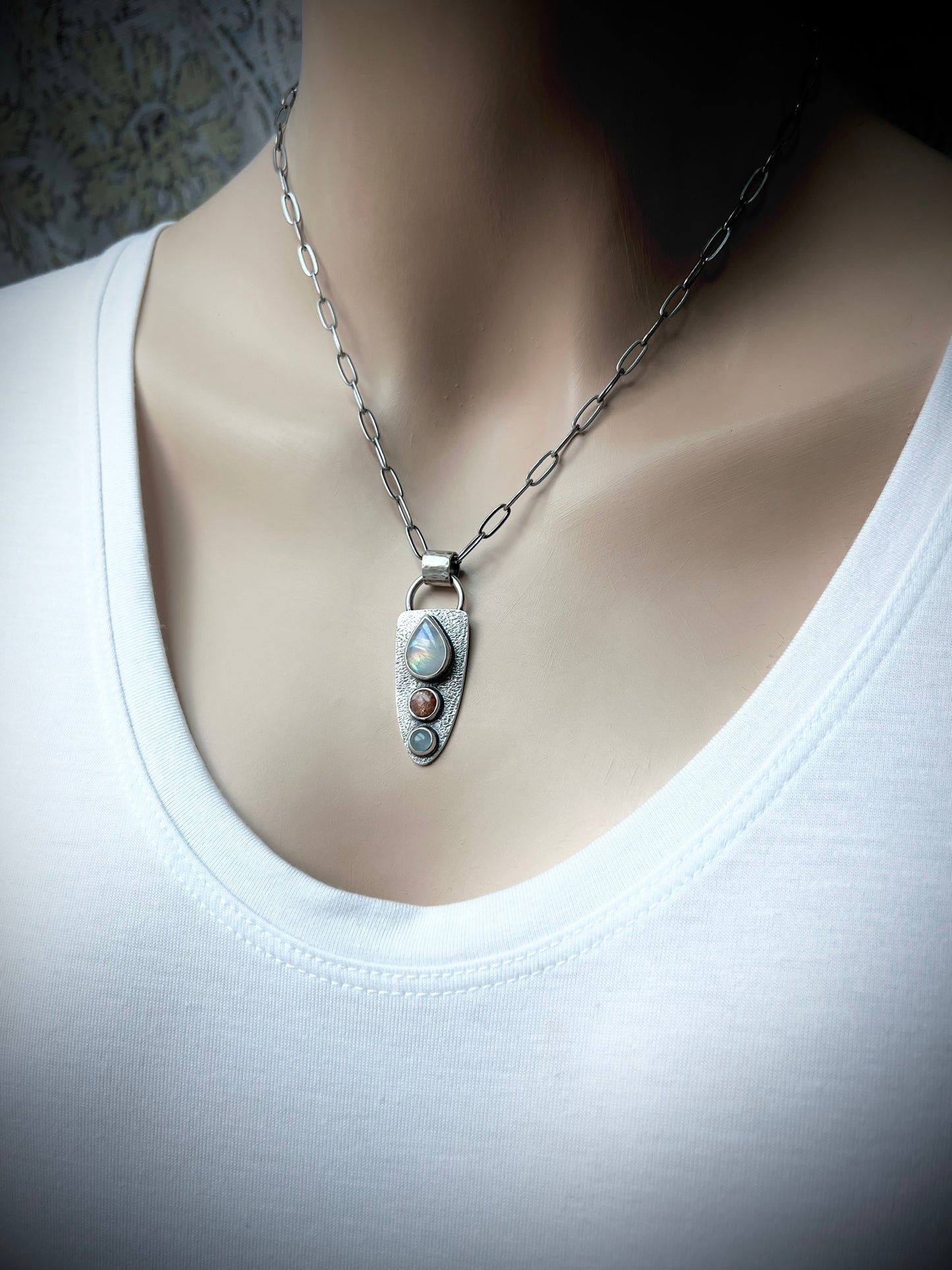 Rainbow Moonstone, Sunstone, and Aquamarine Pendant - Handmade One-of-a-kind Pendant