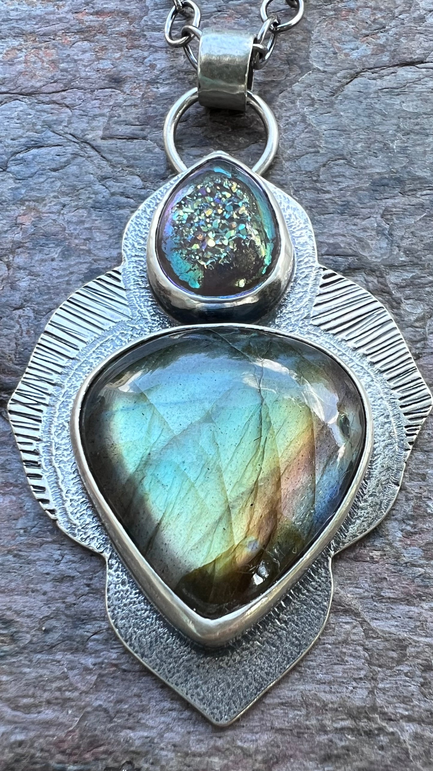 Sterling Silver Labradorite Necklace - Handmade Artisan One of a Kind Druzy and Labradorite Pendant