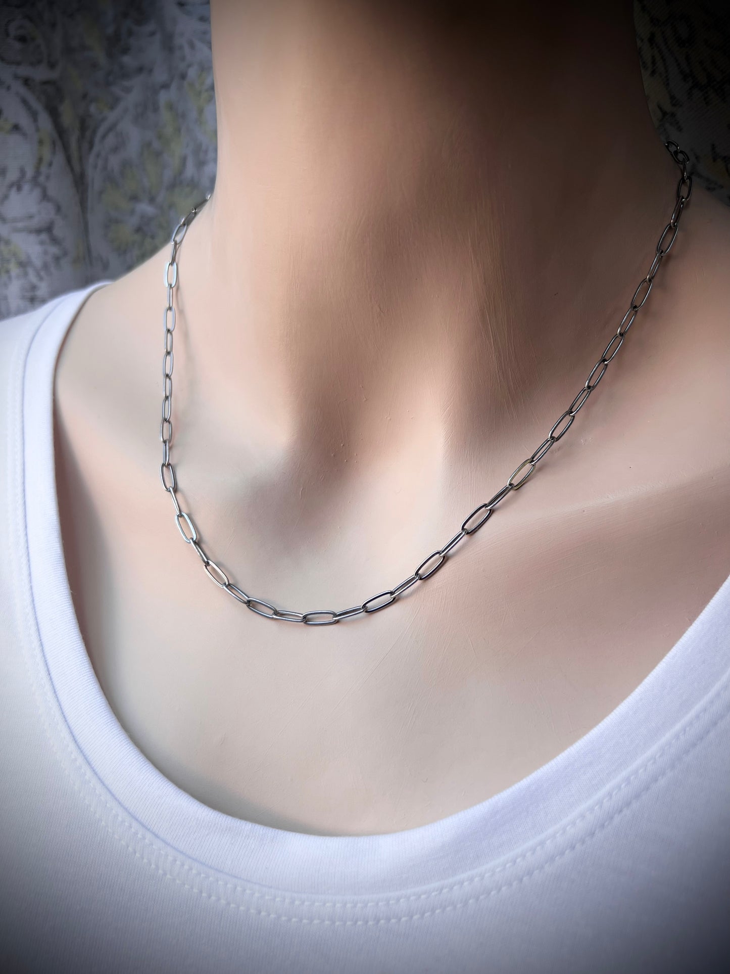 Sterling Silver Rectangular Cable Chain with Handmade Hook Clasp and 3-inch Extender (3.25x8mm Link Size)