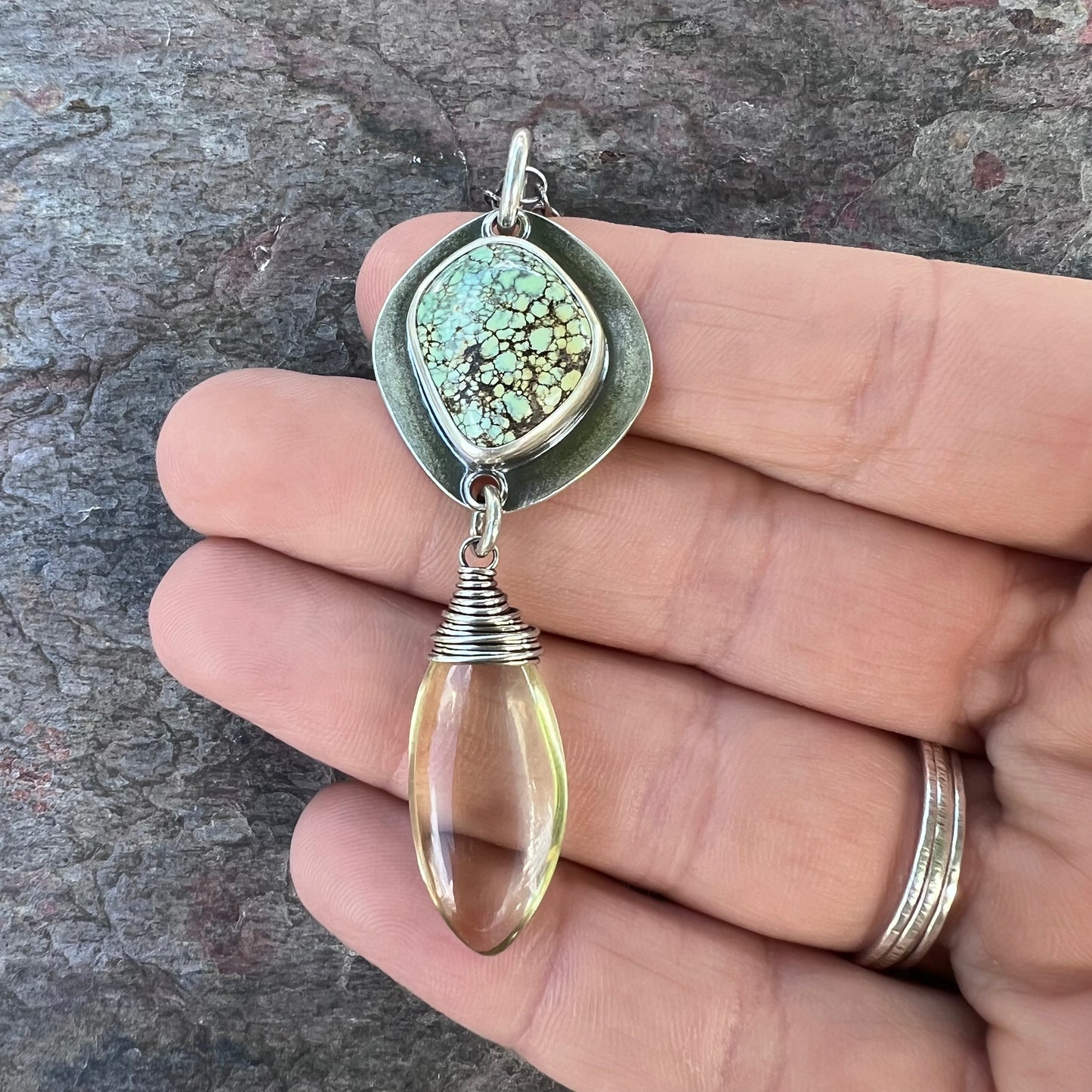 Sterling Silver Variscite and Citrine Necklace - One-of-a-Kind Pendant on Sterling Silver Chain