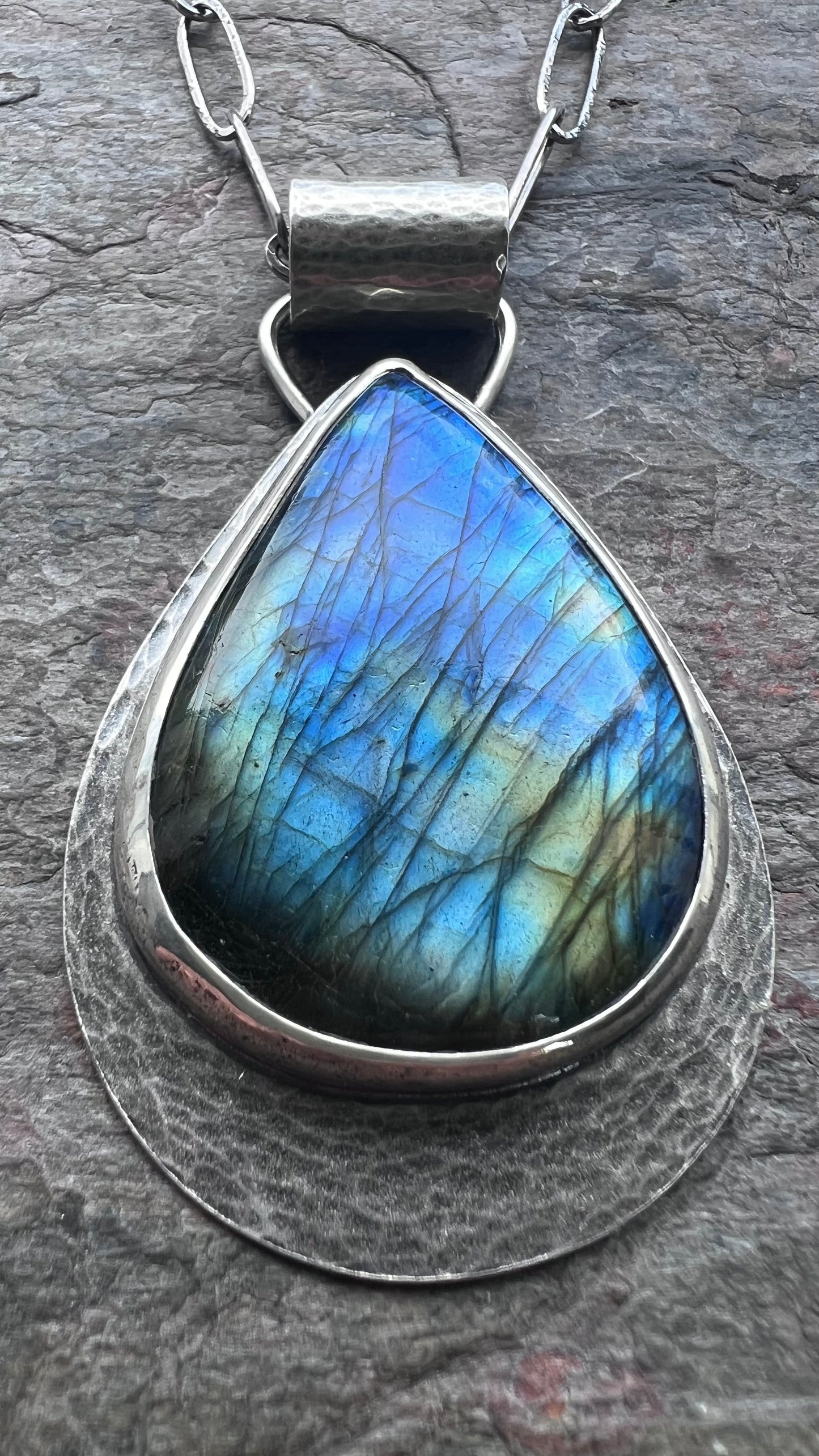 Labradorite Sterling Silver Necklace - Handmade One-of-a-kind Labradorite Teardrop Pendant on Handmade Chain
