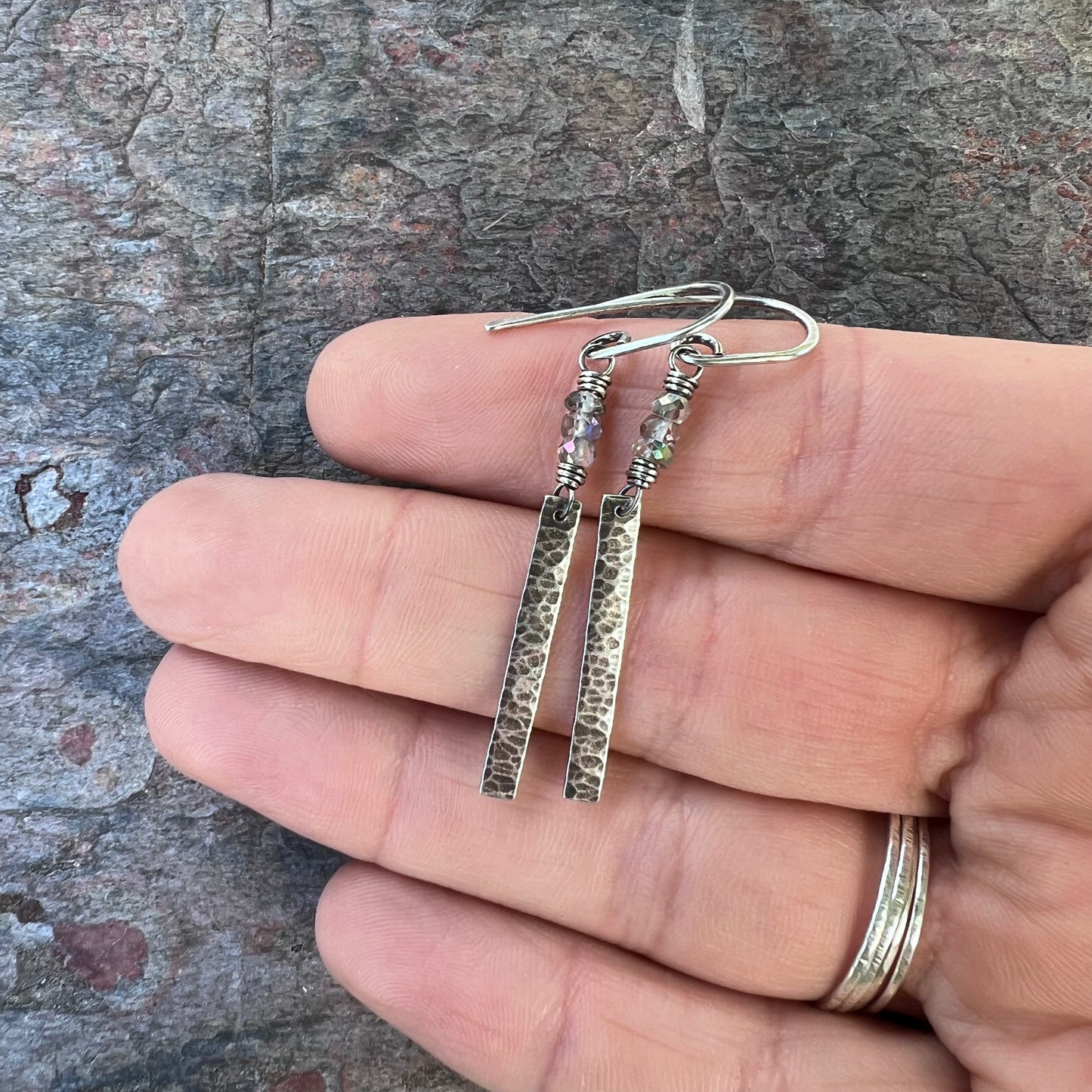 Sterling Silver Mystic Topaz Earrings - Genuine Topaz and Hammered Sterling Silver Bar Earrings