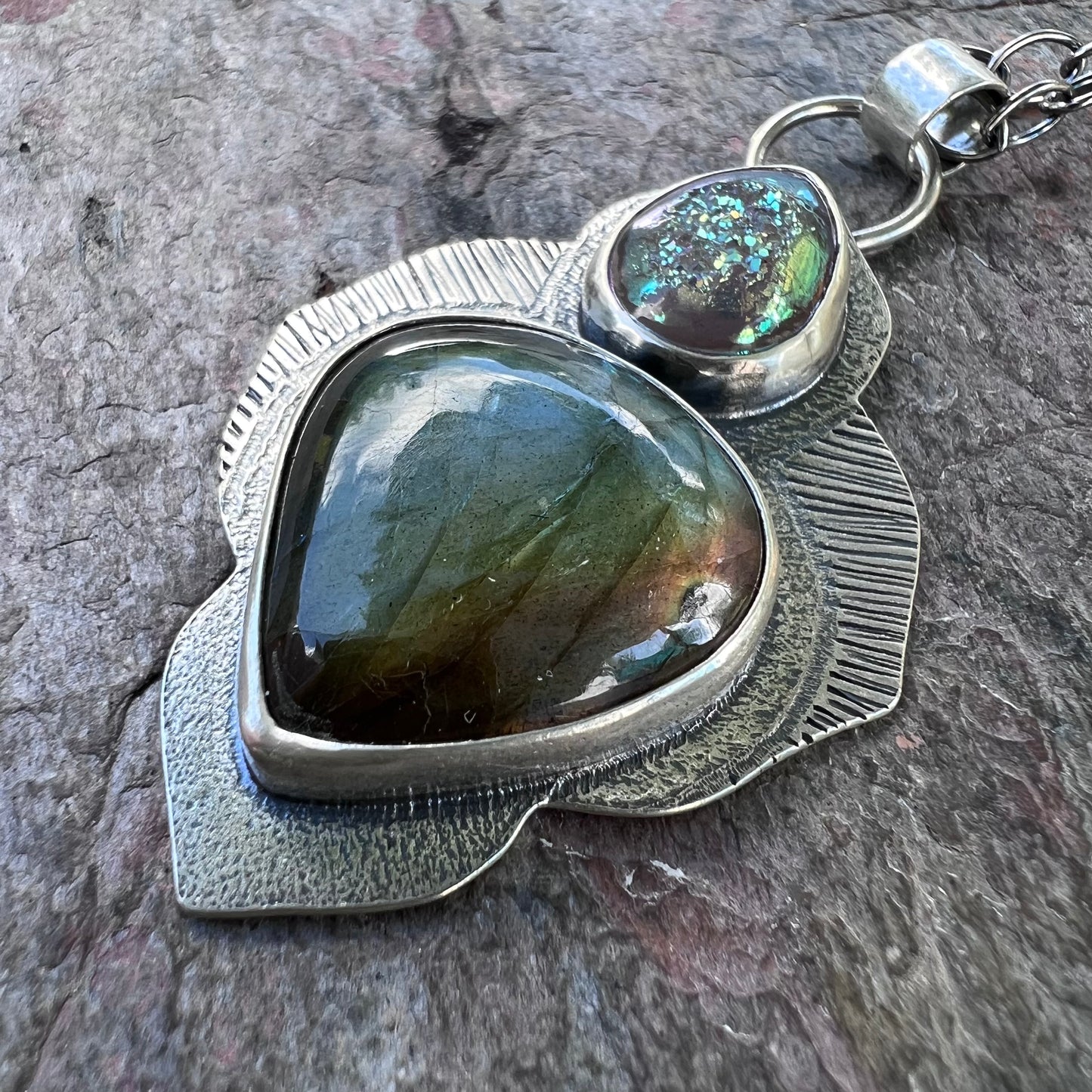 Sterling Silver Labradorite Necklace - Handmade Artisan One of a Kind Druzy and Labradorite Pendant