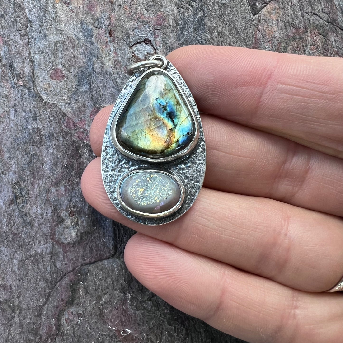Labradorite and Agate Druzy Sterling Silver Pendant - One-of-a-Kind Handmade Pendant