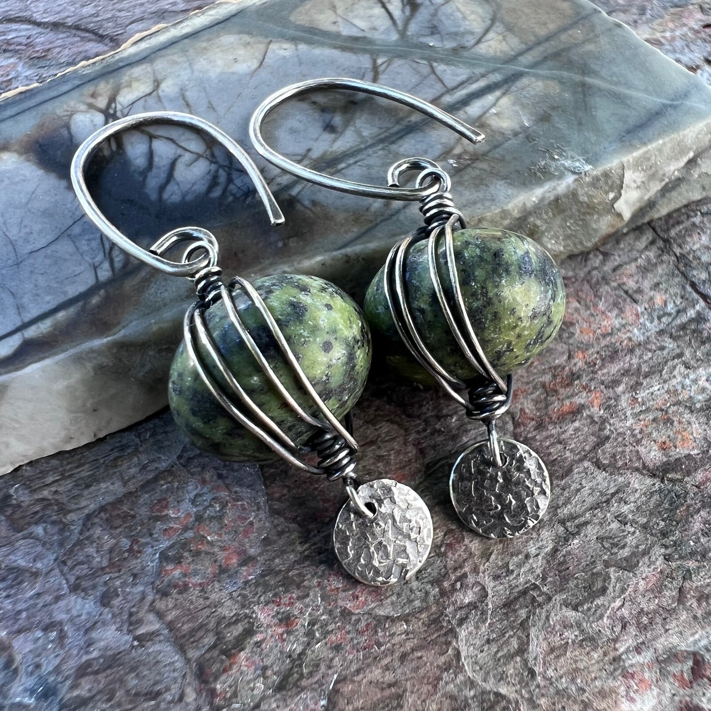 Sterling Silver Serpentine Earrings - Wire-wrapped Natural Serpentine Stones on Handmade Sterling Silver Earwires