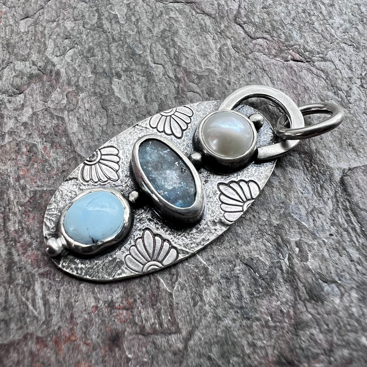 Pearl, Kyanite, and Turquoise Sterling Silver Pendant - One-of-a-Kind Handmade Pendant