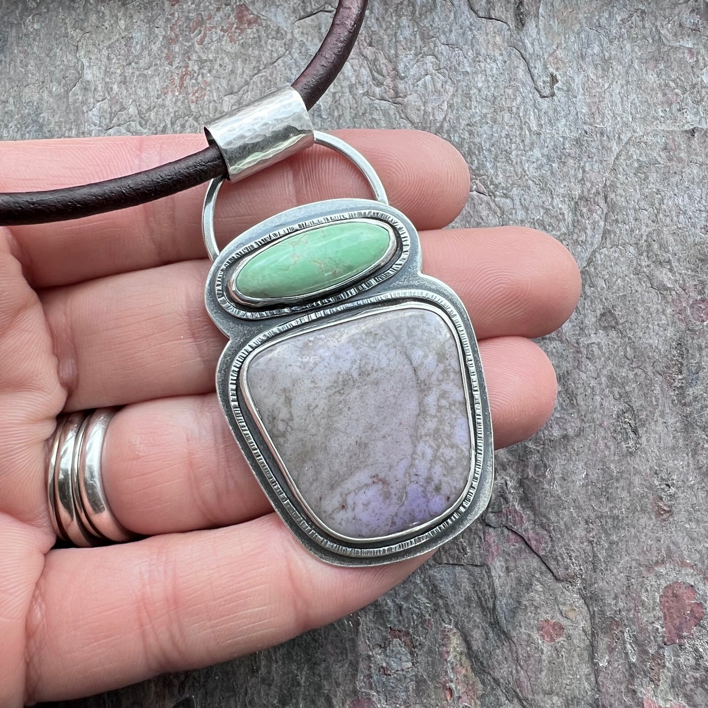 Variscite and Jade Sterling Silver Necklace - Handmade One-of-a-kind Pendant on Genuine Leather