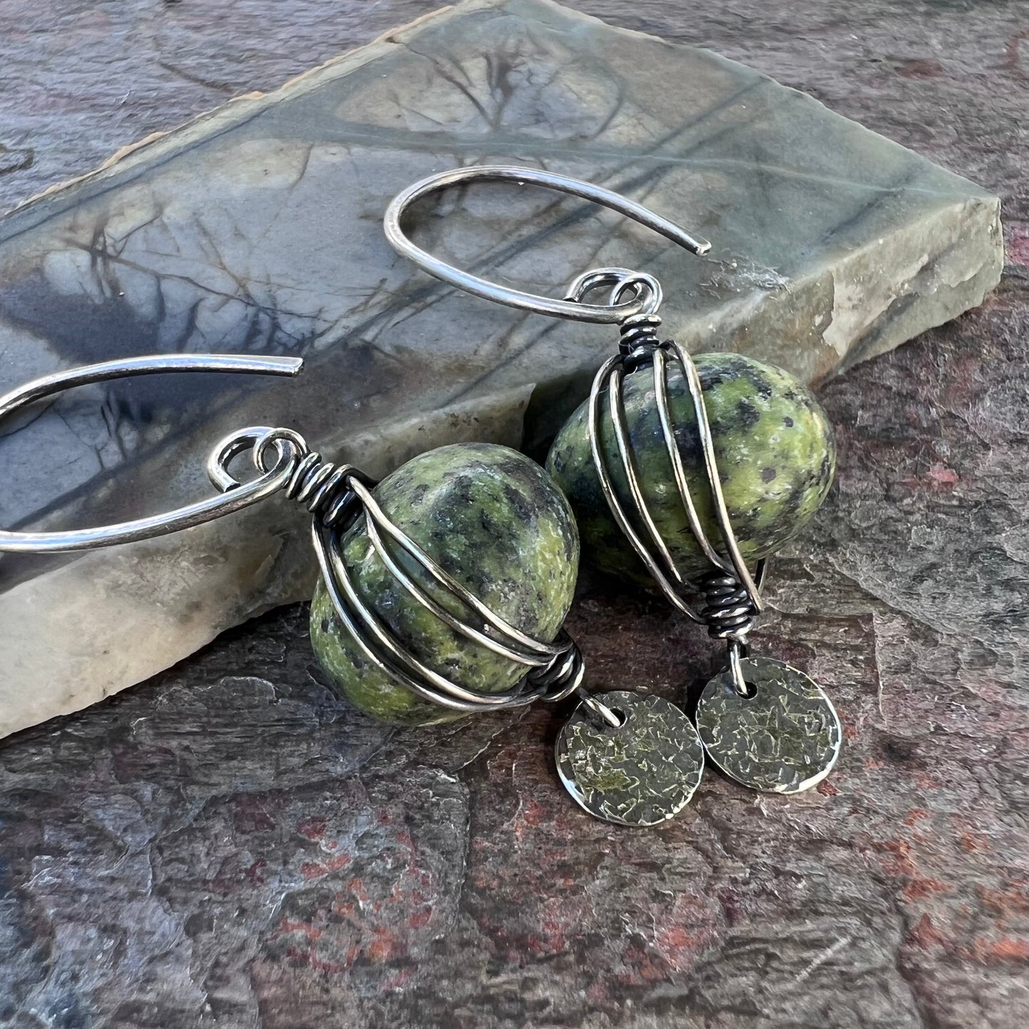 Sterling Silver Serpentine Earrings - Wire-wrapped Natural Serpentine Stones on Handmade Sterling Silver Earwires