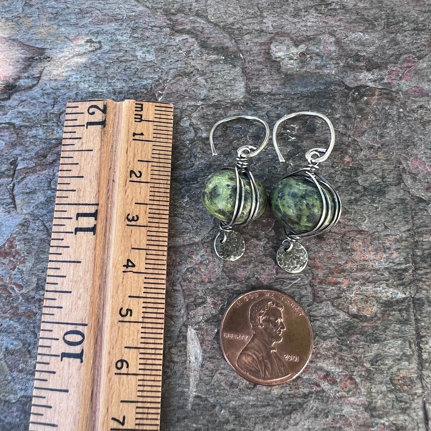 Sterling Silver Serpentine Earrings - Wire-wrapped Natural Serpentine Stones on Handmade Sterling Silver Earwires