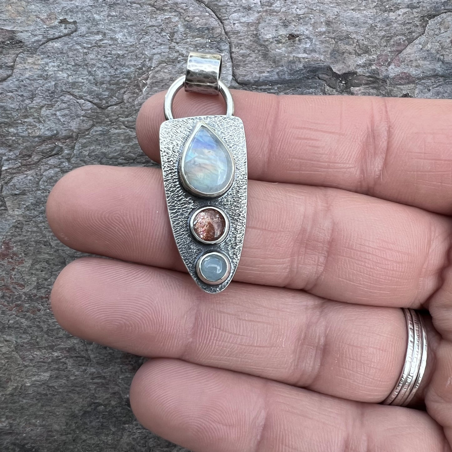 Rainbow Moonstone, Sunstone, and Aquamarine Pendant - Handmade One-of-a-kind Pendant