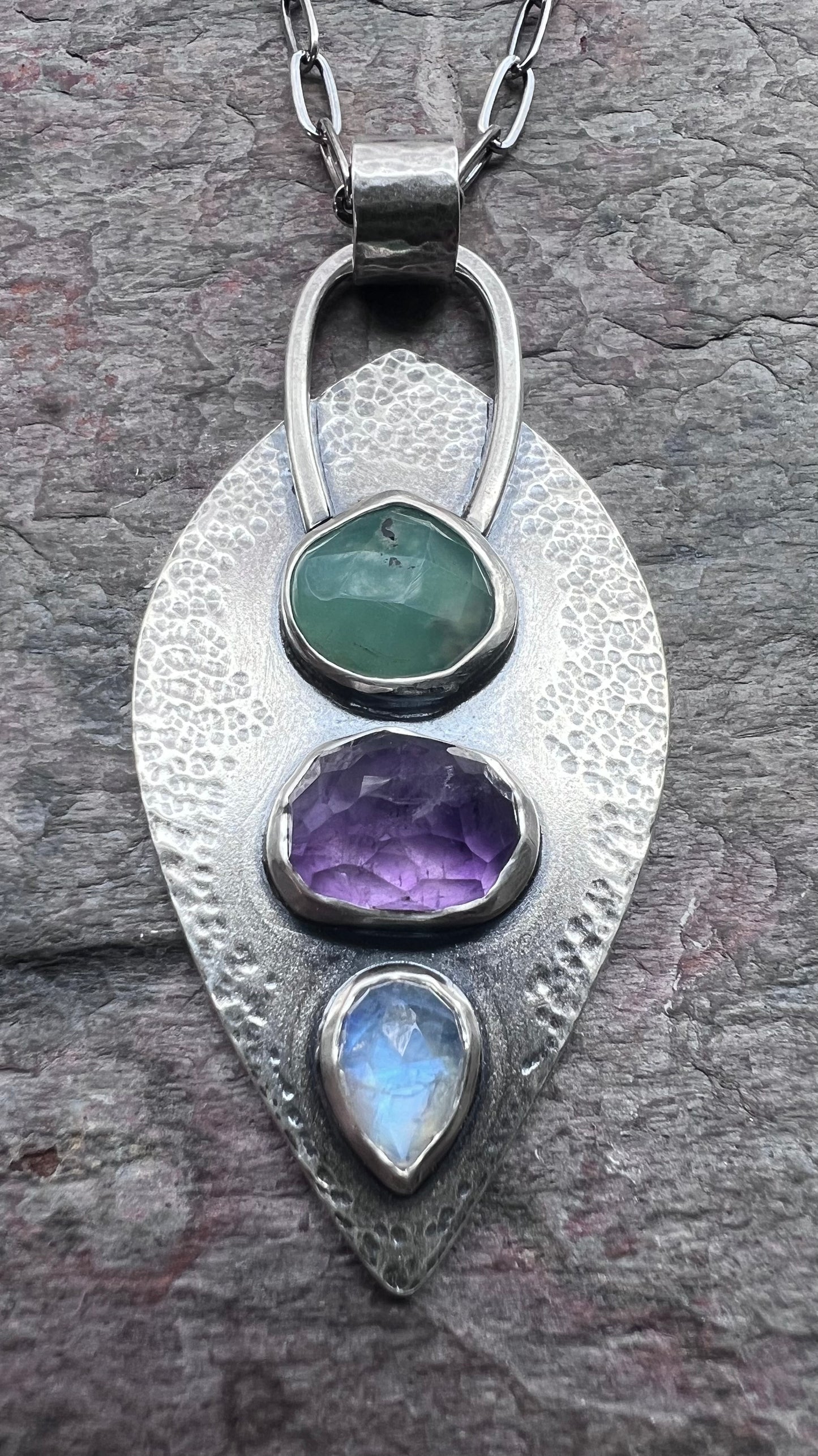 Chrysoprase, Amethyst, and Rainbow Moonstone Sterling Silver Necklace - Handmade One-of-a-kind Pendant on Sterling Silver Chain