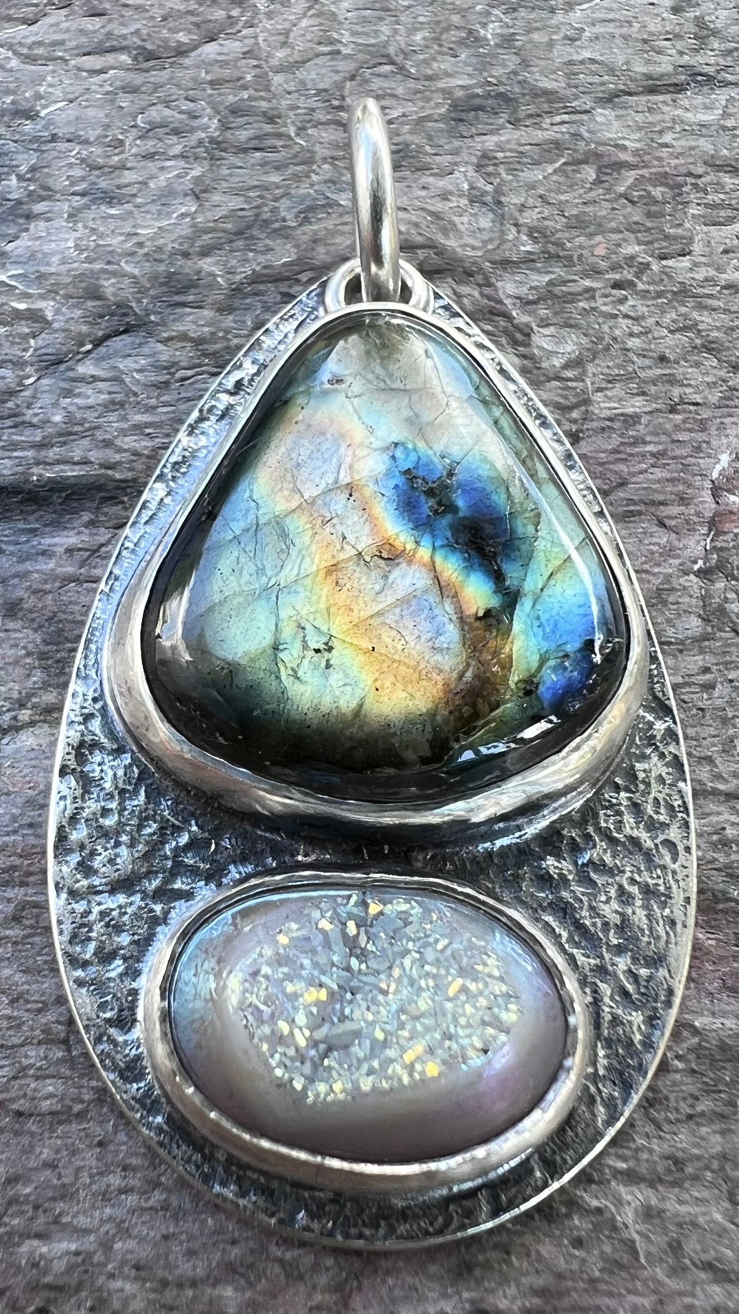 Labradorite and Agate Druzy Sterling Silver Pendant - One-of-a-Kind Handmade Pendant
