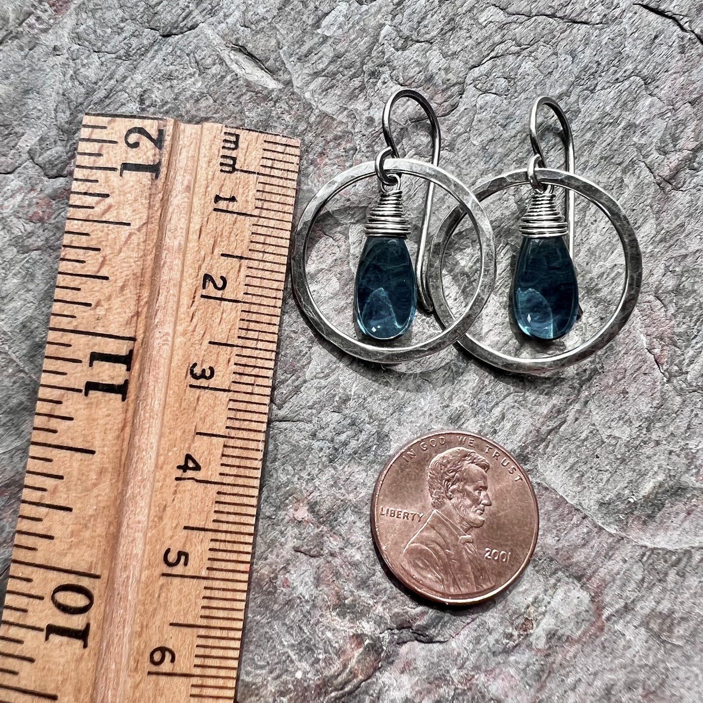Sterling Silver and Vintage Glass Earrings - Teal Teardrops in Hammered Sterling Silver Circles