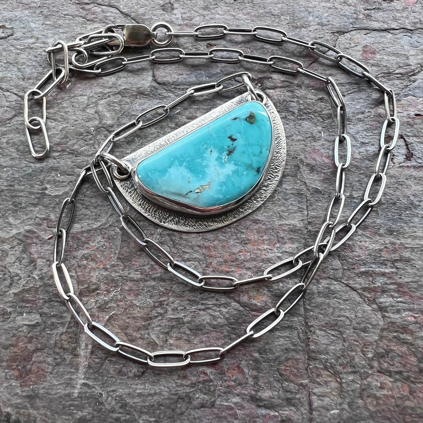 Turquoise and Sterling Silver Semicircle Pendant - One-of-a-Kind Turquoise Statement Necklace