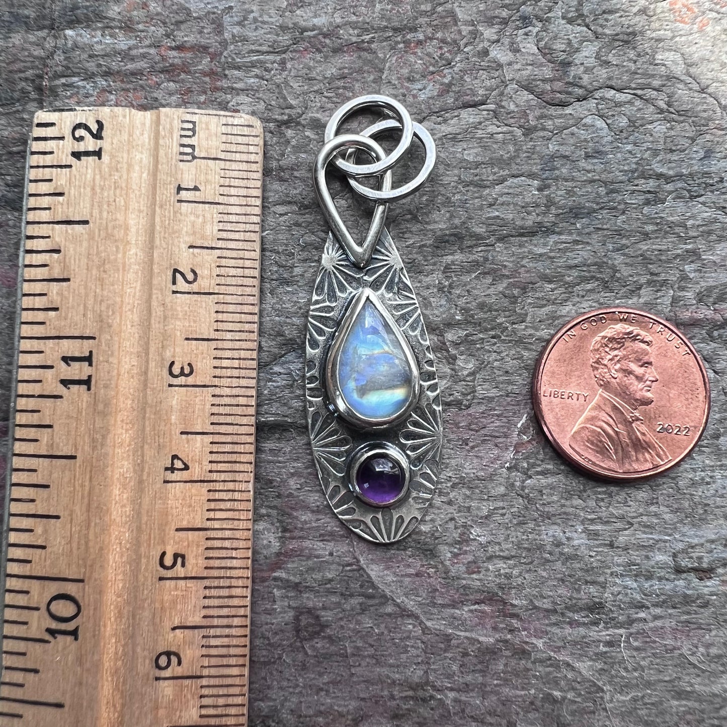 Rainbow Moonstone and Amethyst Sterling Silver Pendant - Handmade One-of-a-kind Pendant