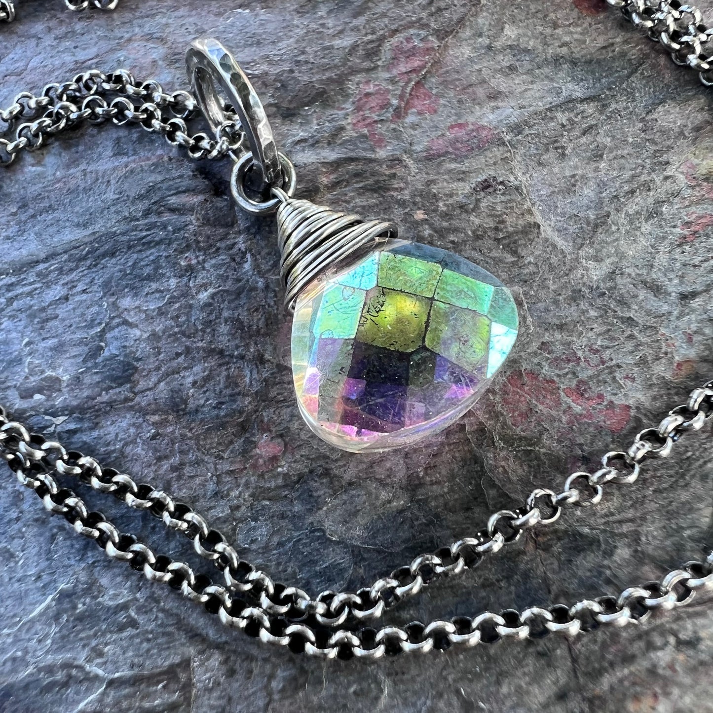 Sterling Silver Mystic Quartz Necklace - Mystic Rock Crystal Quartz Briolette Pendant on Sterling Silver Chain