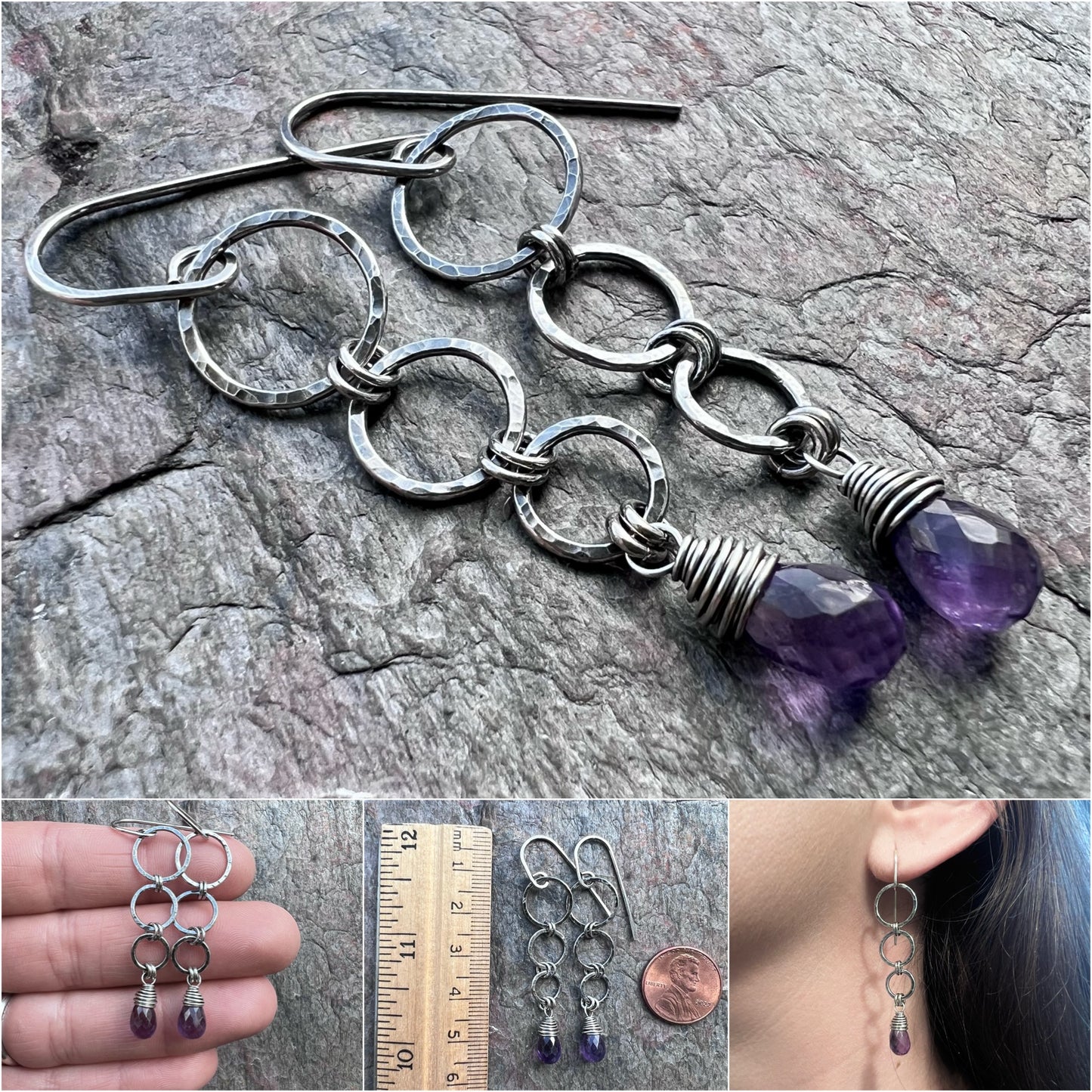Sterling Silver Amethyst Earrings - Genuine Amethyst and Hammered Silver Long Dangle Earrings