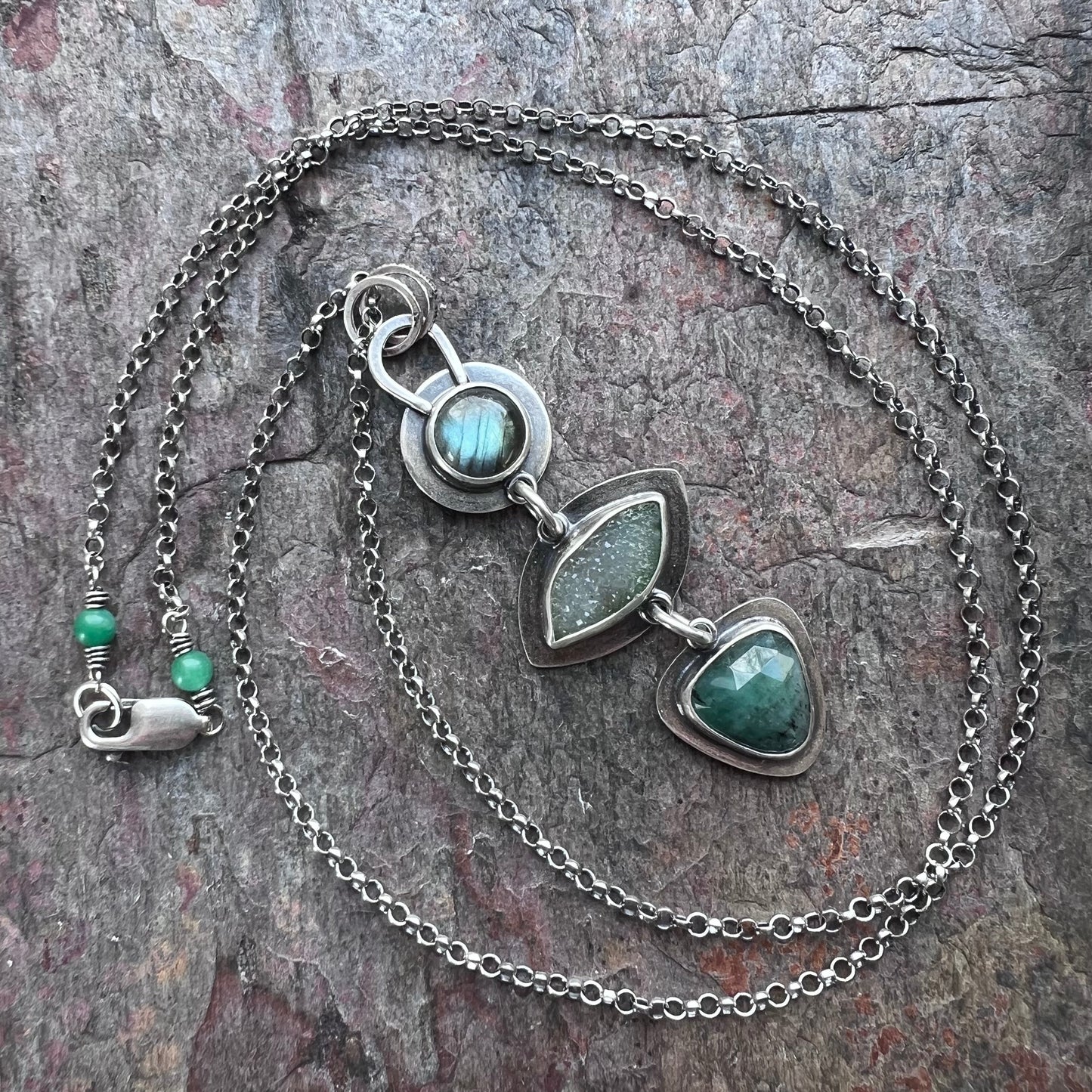 SOLD Sterling Silver Labradorite, Druzy, and Emerald Necklace - Handmade One-of-a-kind Pendant on Sterling Silver Chain