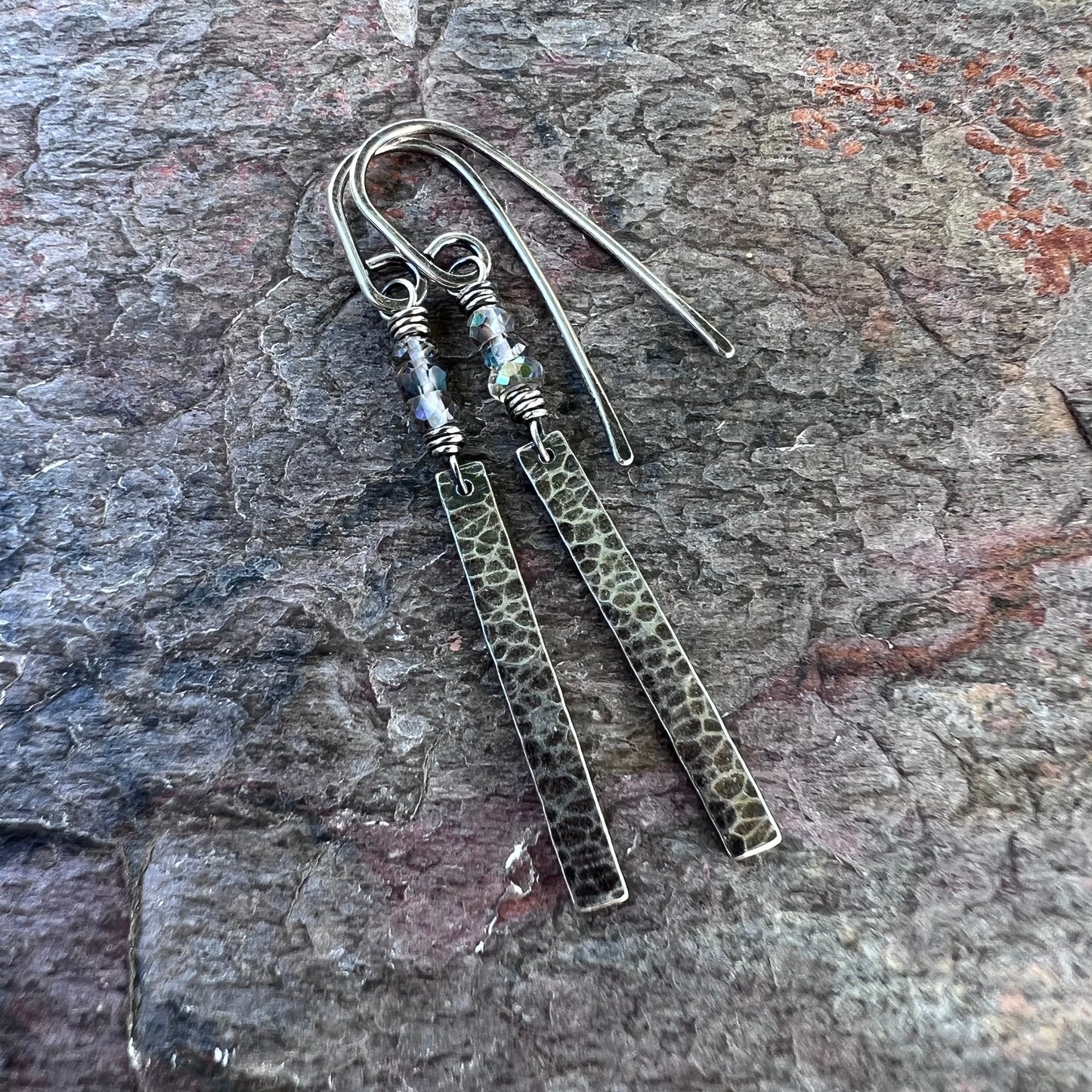 Sterling Silver Mystic Topaz Earrings - Genuine Topaz and Hammered Sterling Silver Bar Earrings