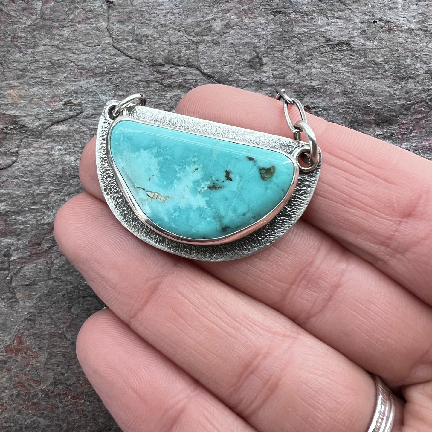 Turquoise and Sterling Silver Semicircle Pendant - One-of-a-Kind Turquoise Statement Necklace