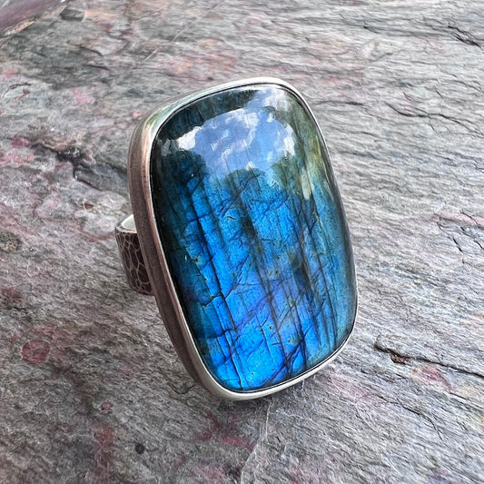 Labradorite Sterling Silver Ring - Handmade One-of-a-kind Labradorite Statement Ring on Hammered Sterling Silver Band