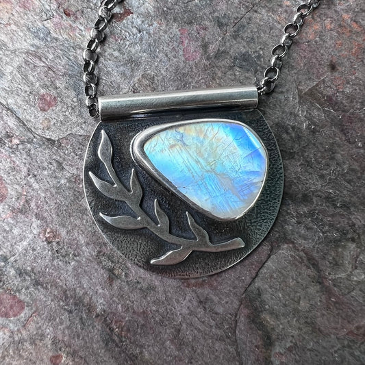 Rainbow Moonstone Sterling Silver Necklace - One-of-a-kind Rainbow Moonstone Pendant on Sterling Silver Chain
