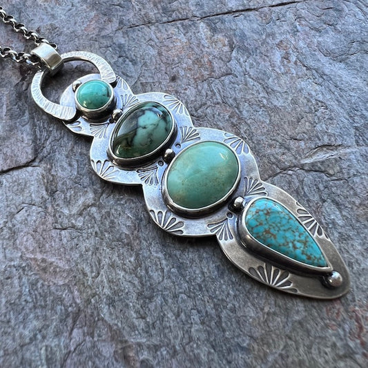 Sterling Silver Turquoise Multi-Stone Pendant - One-of-a-Kind Turquoise Statement Necklace