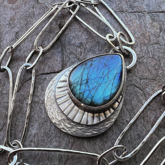 Labradorite Sterling Silver Statement Necklace - Handmade One-of-a-kind Labradorite Pendant on Handmade Sterling Silver Chain