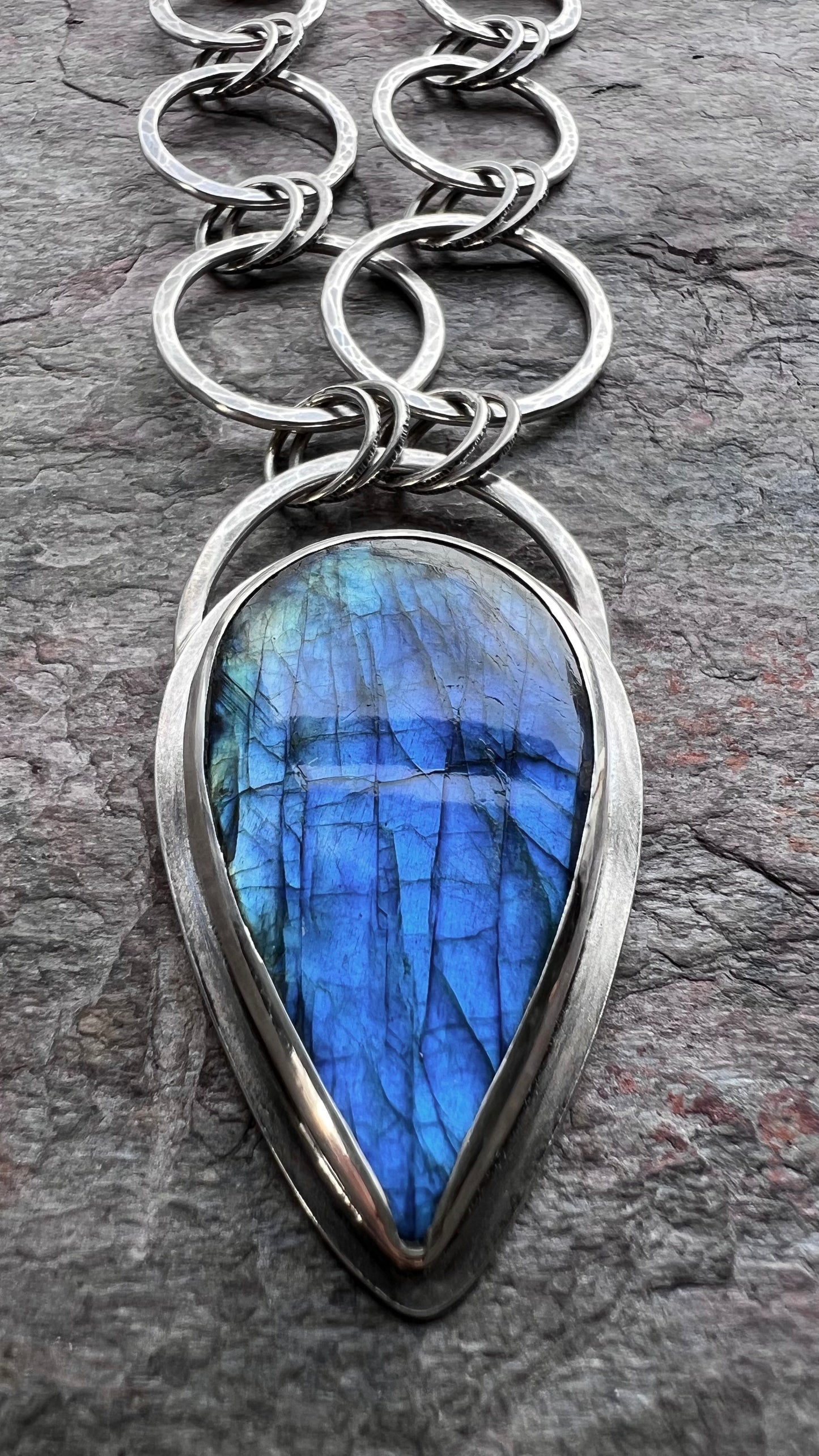 Labradorite Sterling Silver Necklace - Handmade One-of-a-kind Pendant on Hammered Ring Chain