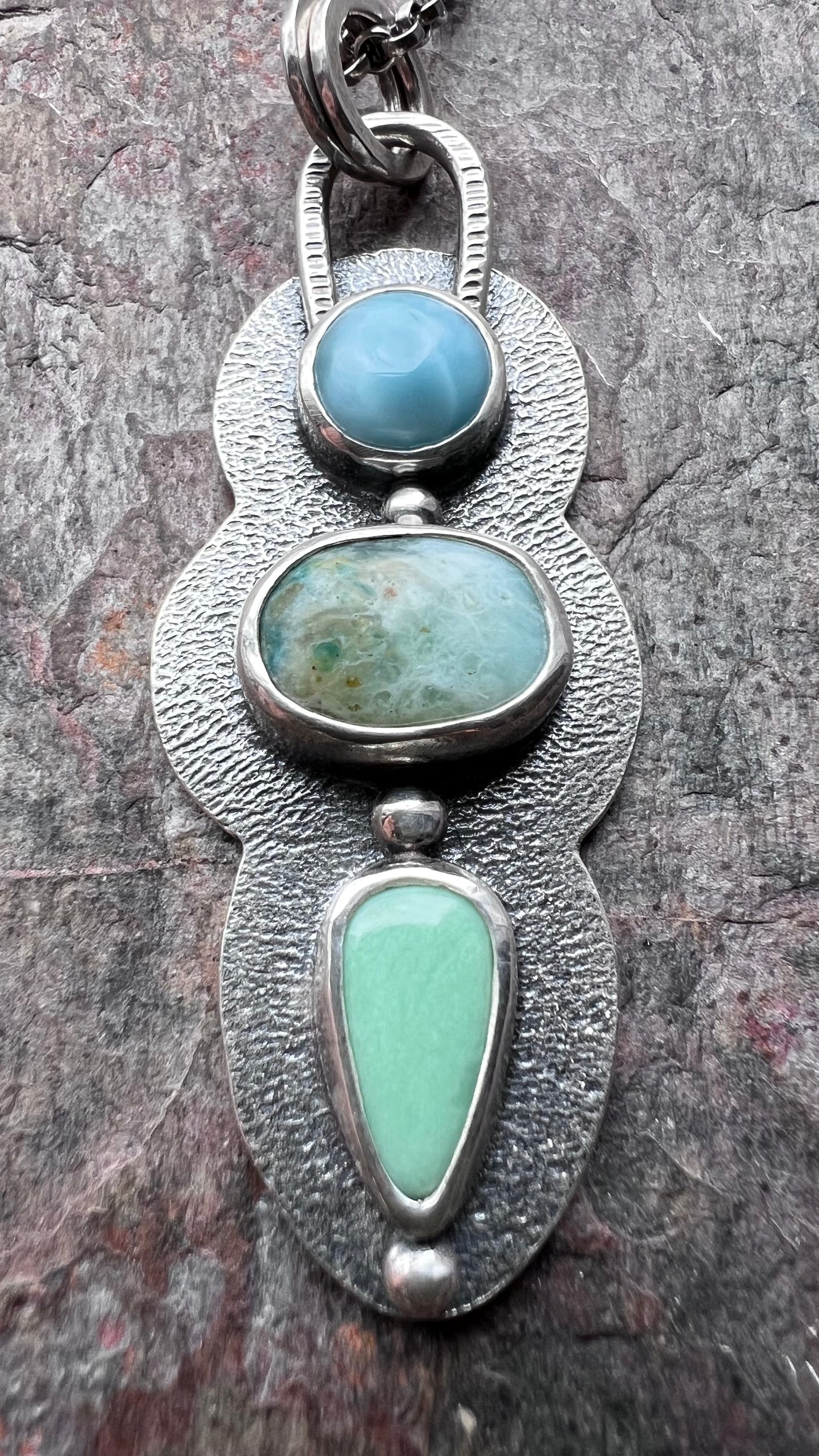 Larimar, Peruvian Opal, and Variscite Sterling Silver Necklace - Handmade One-of-a-kind Pendant on Sterling Silver Chain