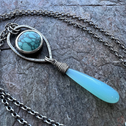 Turquoise and Chalcedony Sterling Silver Necklace - Handmade One-of-a-kind Pendant on Sterling Silver Chain