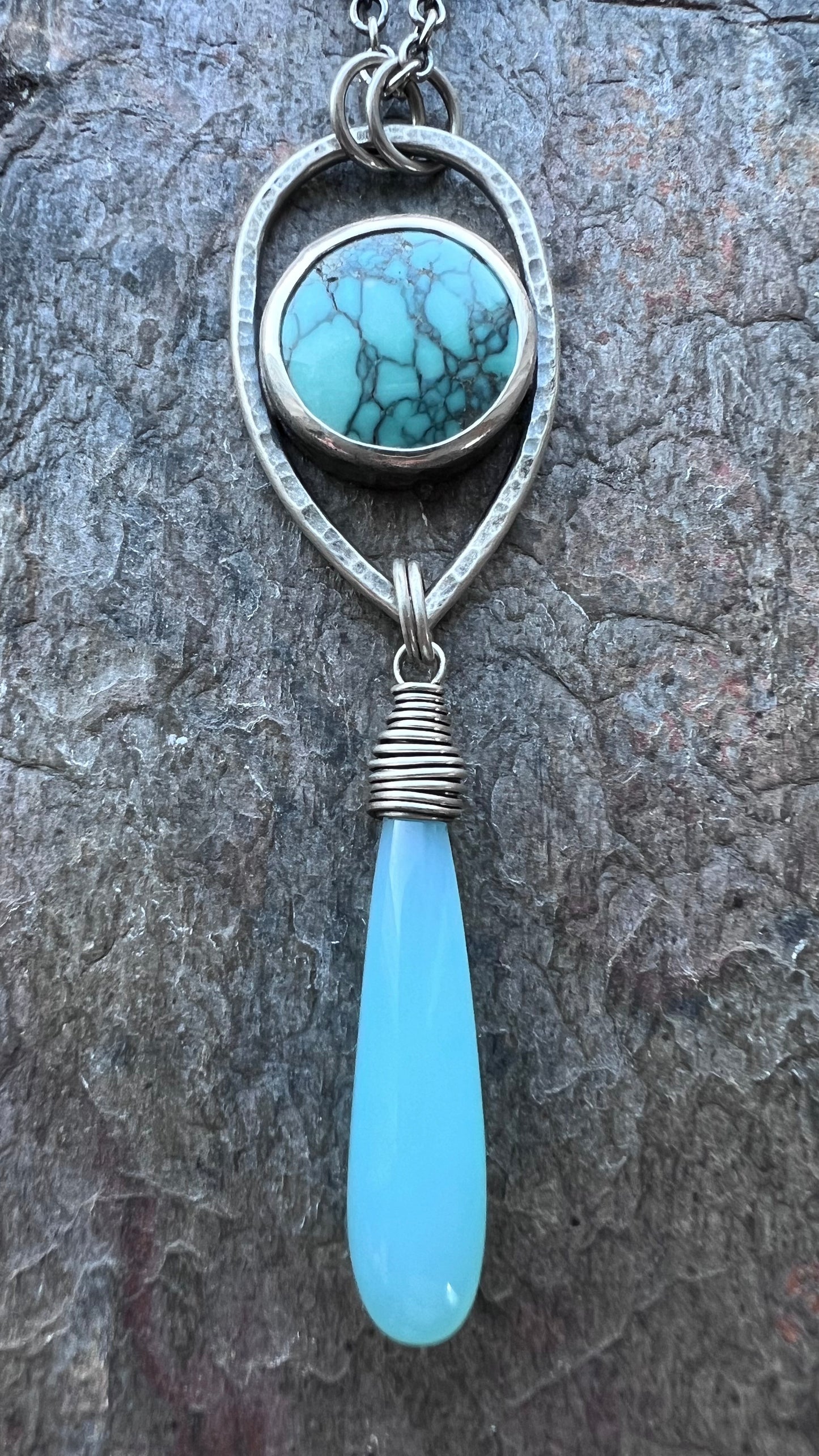 Turquoise and Chalcedony Sterling Silver Necklace - Handmade One-of-a-kind Pendant on Sterling Silver Chain