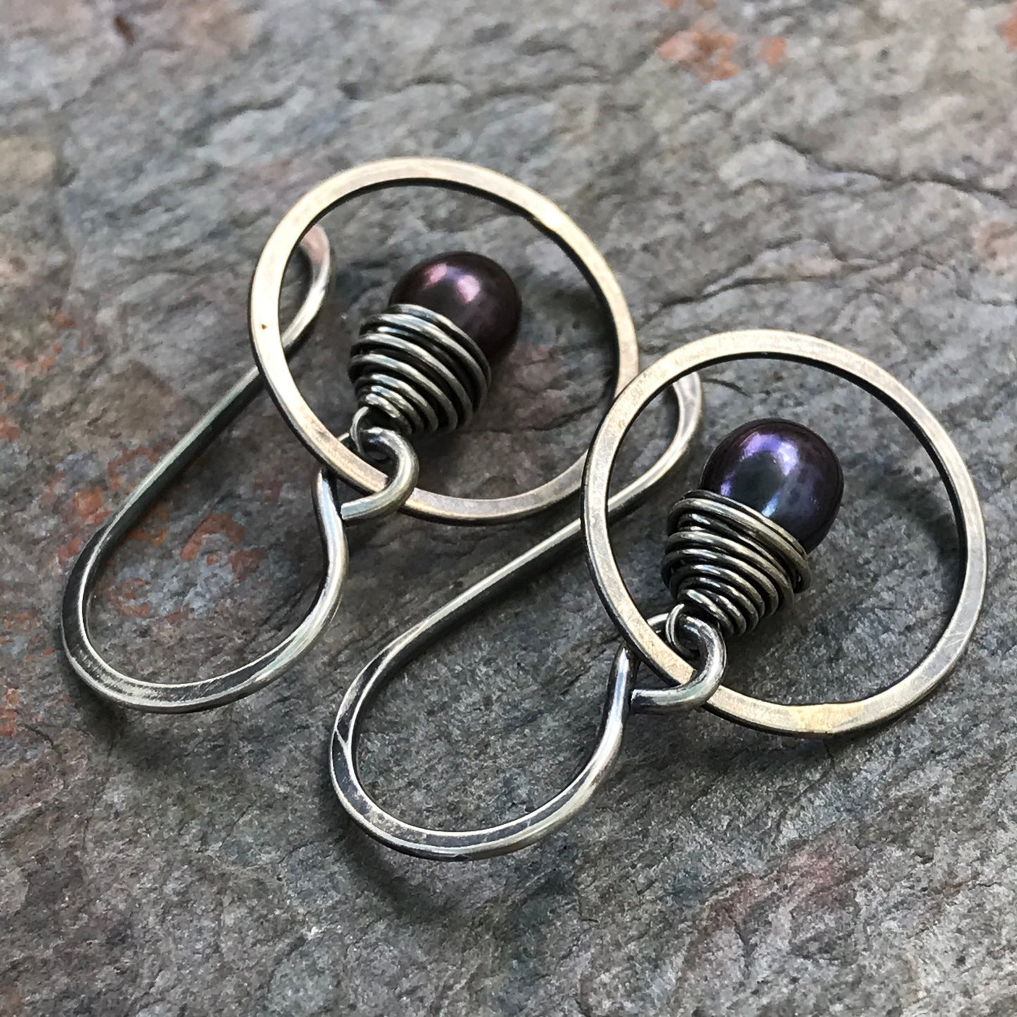 Sterling Silver Black Pearl Earrings - Tiny Genuine Pearl in Silver Ring Dangle Earrings - Handmade Jewelry