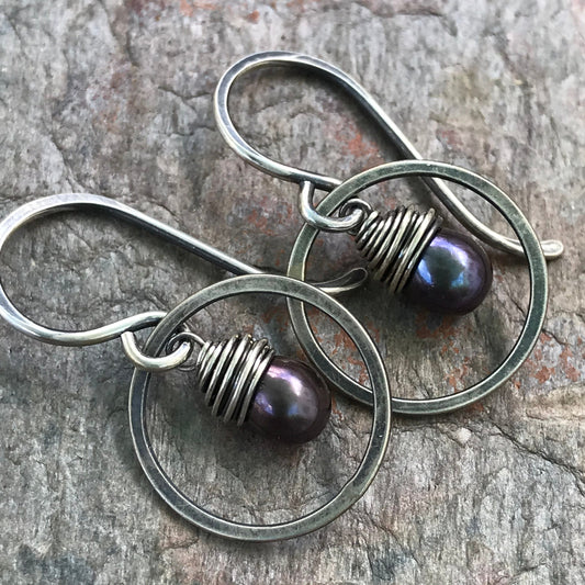 Sterling Silver Black Pearl Earrings - Tiny Genuine Pearl in Silver Ring Dangle Earrings - Handmade Jewelry