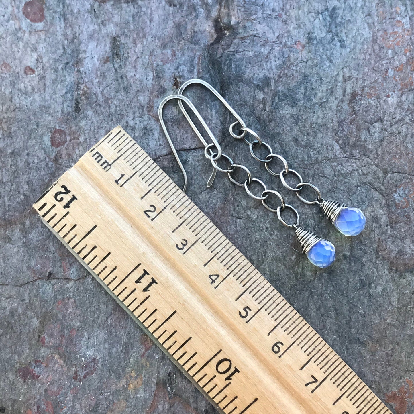 Opalite Sterling Silver Earrings - Faceted Opalite Briolettes on Sterling Silver Chains and Handmade Earwires