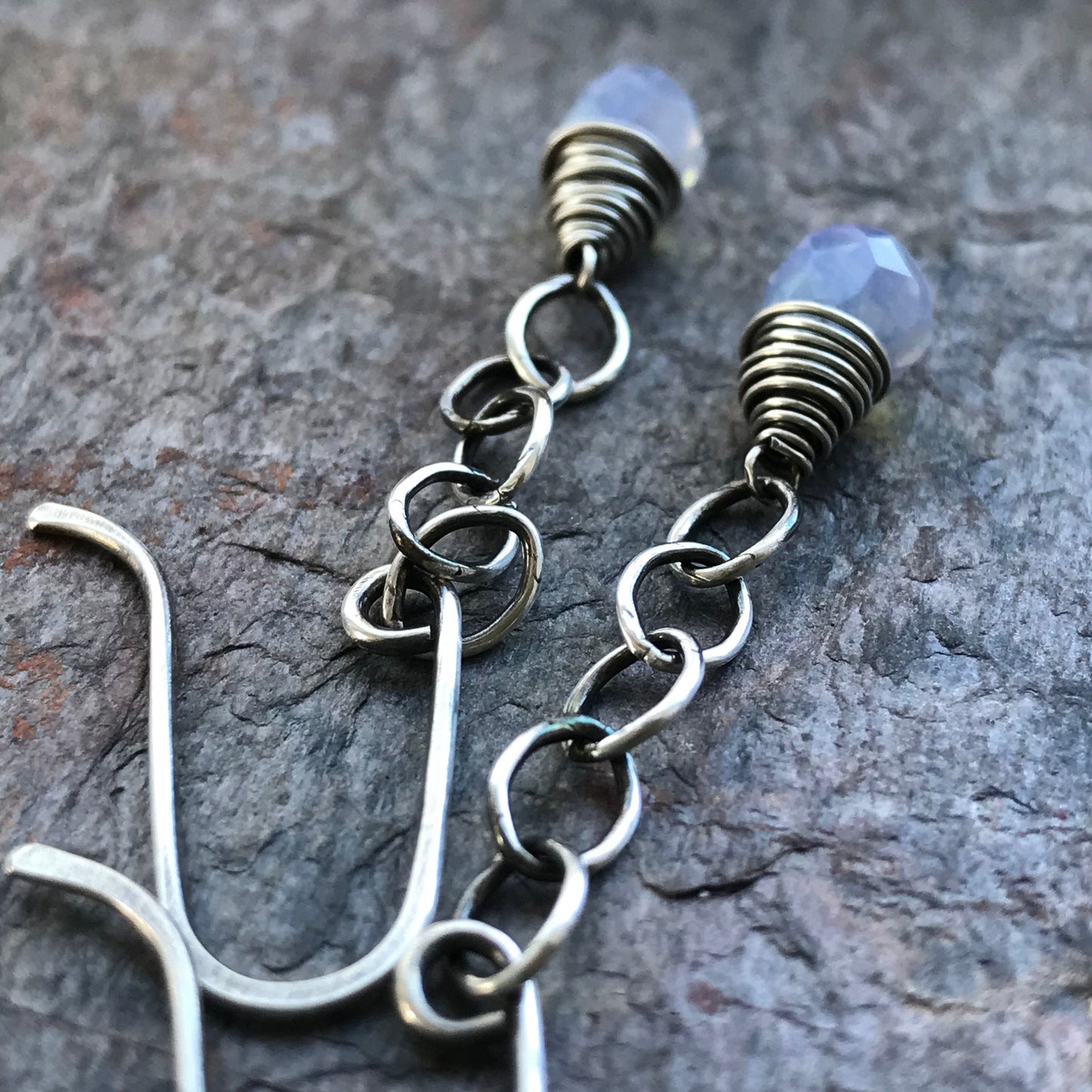 Opalite Sterling Silver Earrings - Faceted Opalite Briolettes on Sterling Silver Chains and Handmade Earwires