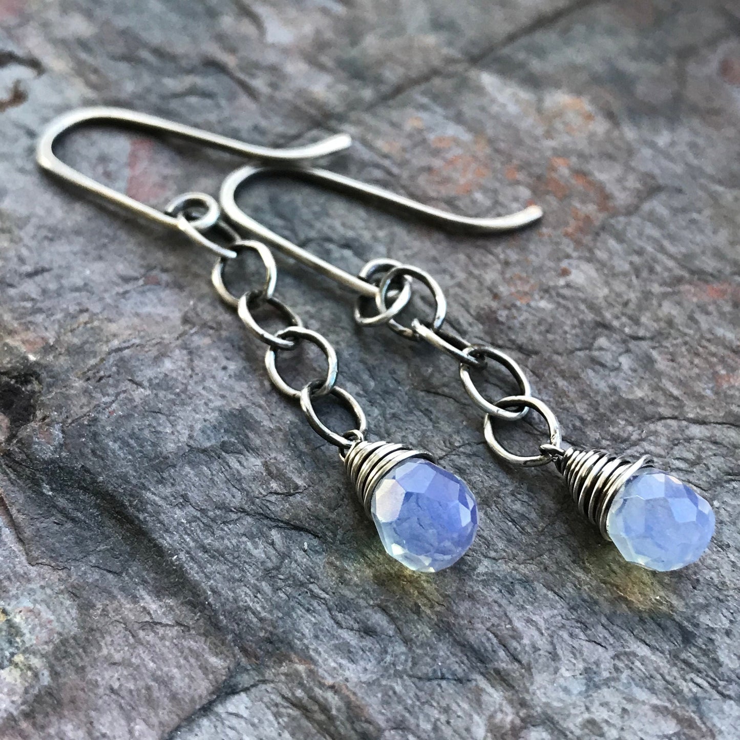 Opalite Sterling Silver Earrings - Faceted Opalite Briolettes on Sterling Silver Chains and Handmade Earwires