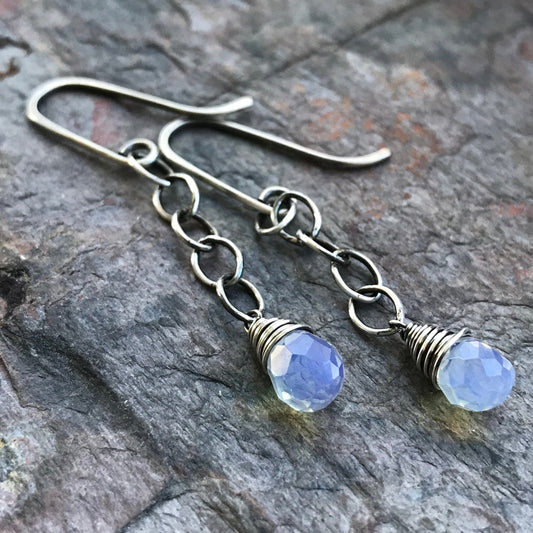 Opalite Sterling Silver Earrings - Faceted Opalite Briolettes on Sterling Silver Chains and Handmade Earwires