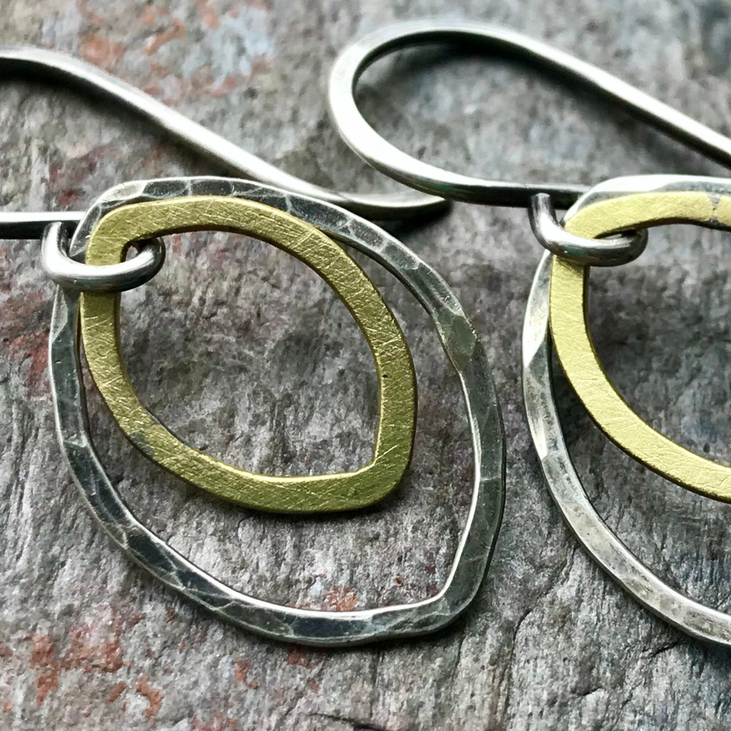 Sterling Silver and Brass Petal Earrings - Hammered Sterling Silver and Brass on Handmade Sterling Silver Earwires
