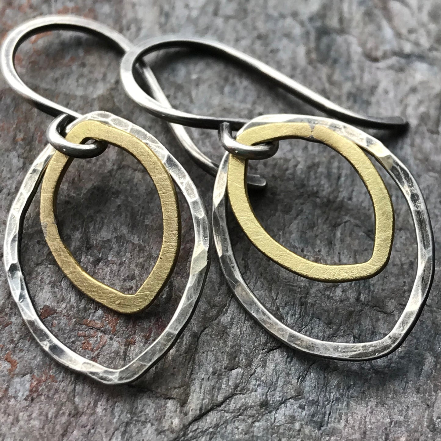 Sterling Silver and Brass Petal Earrings - Hammered Sterling Silver and Brass on Handmade Sterling Silver Earwires