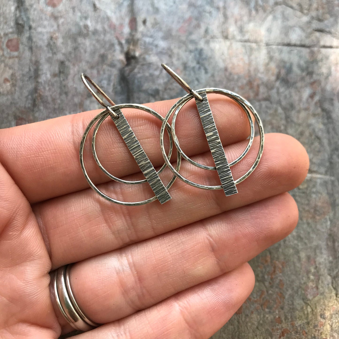 Sterling Silver Earrings - Hammered Sterling Silver Circle and Bar Earrings