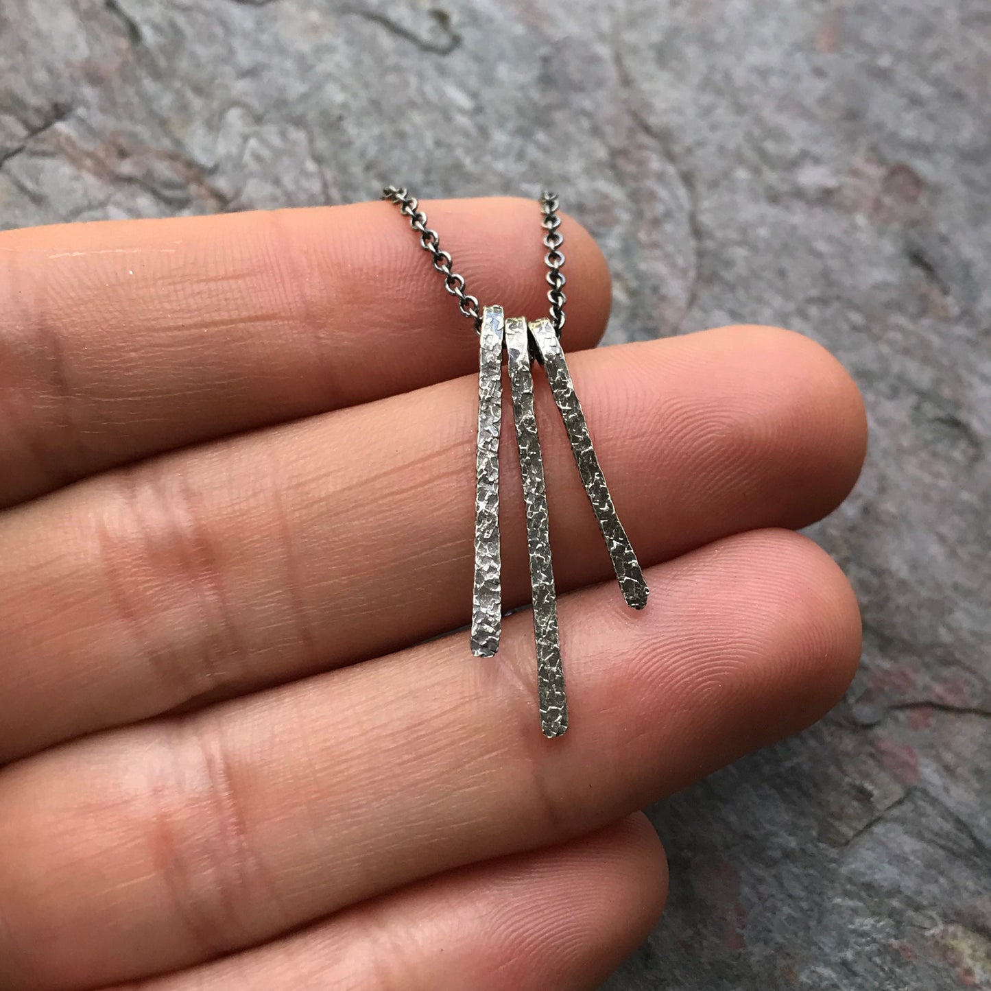 Sterling Silver Three Bar Minimalist Necklace - Hammered Sterling Silver Pendant Suspended on Sterling Silver Chain